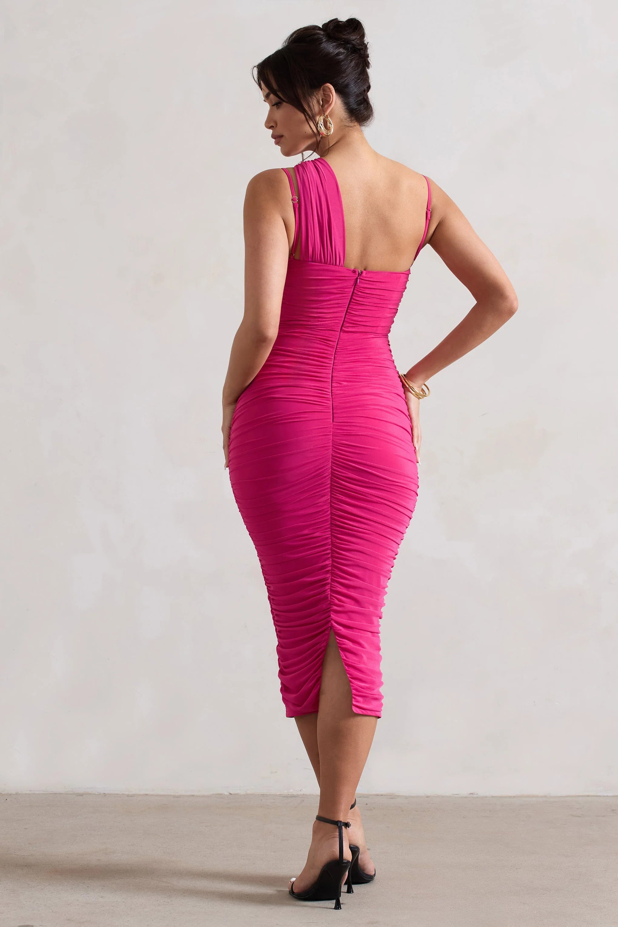 Bellini | Dark Pink Asymmetric Ruched Midi Dress