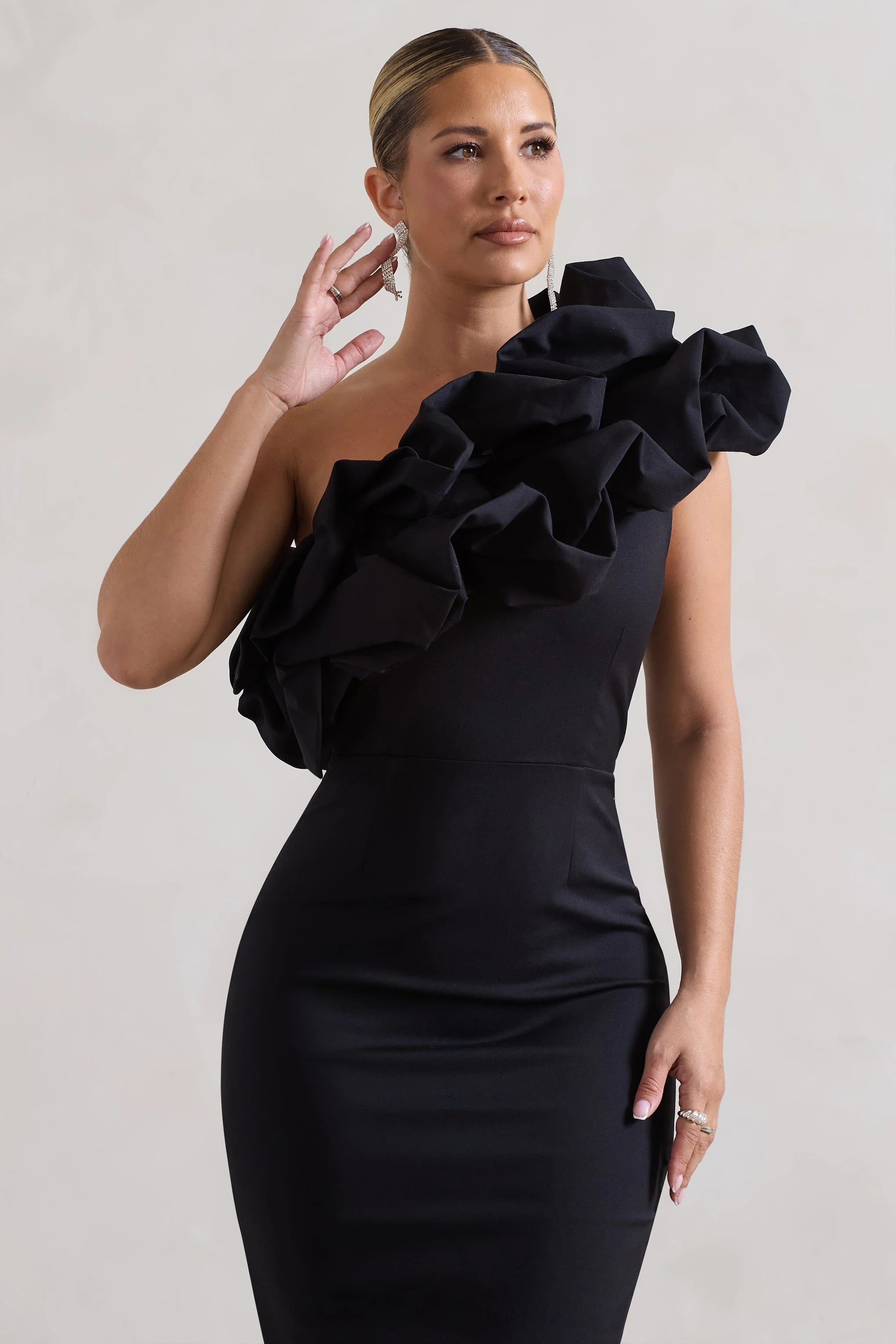 Orchestra | Black Asymmetric Ruffled Midi Dress
