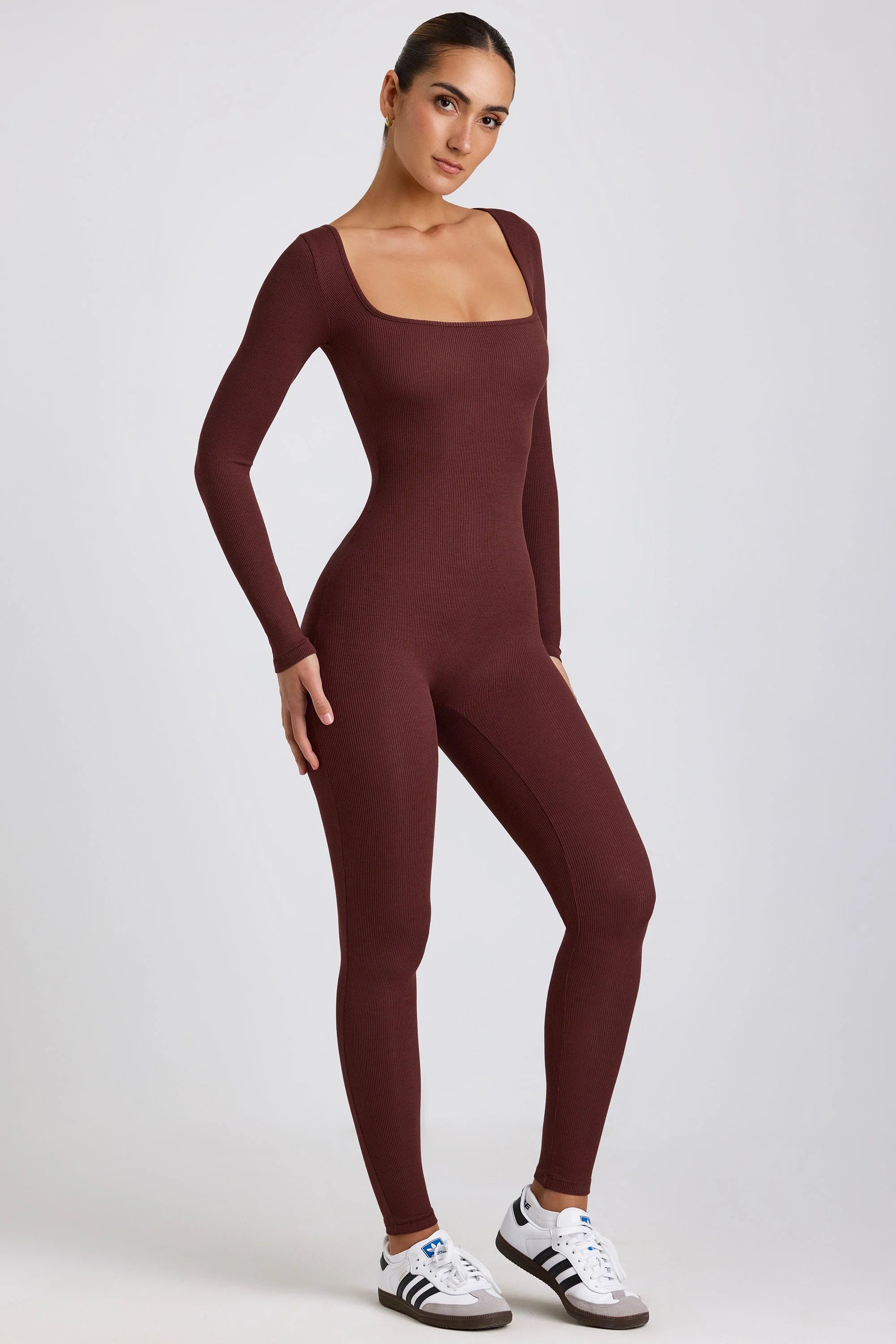 Tall Ribbed Modal Long Sleeve Jumpsuit in Espresso