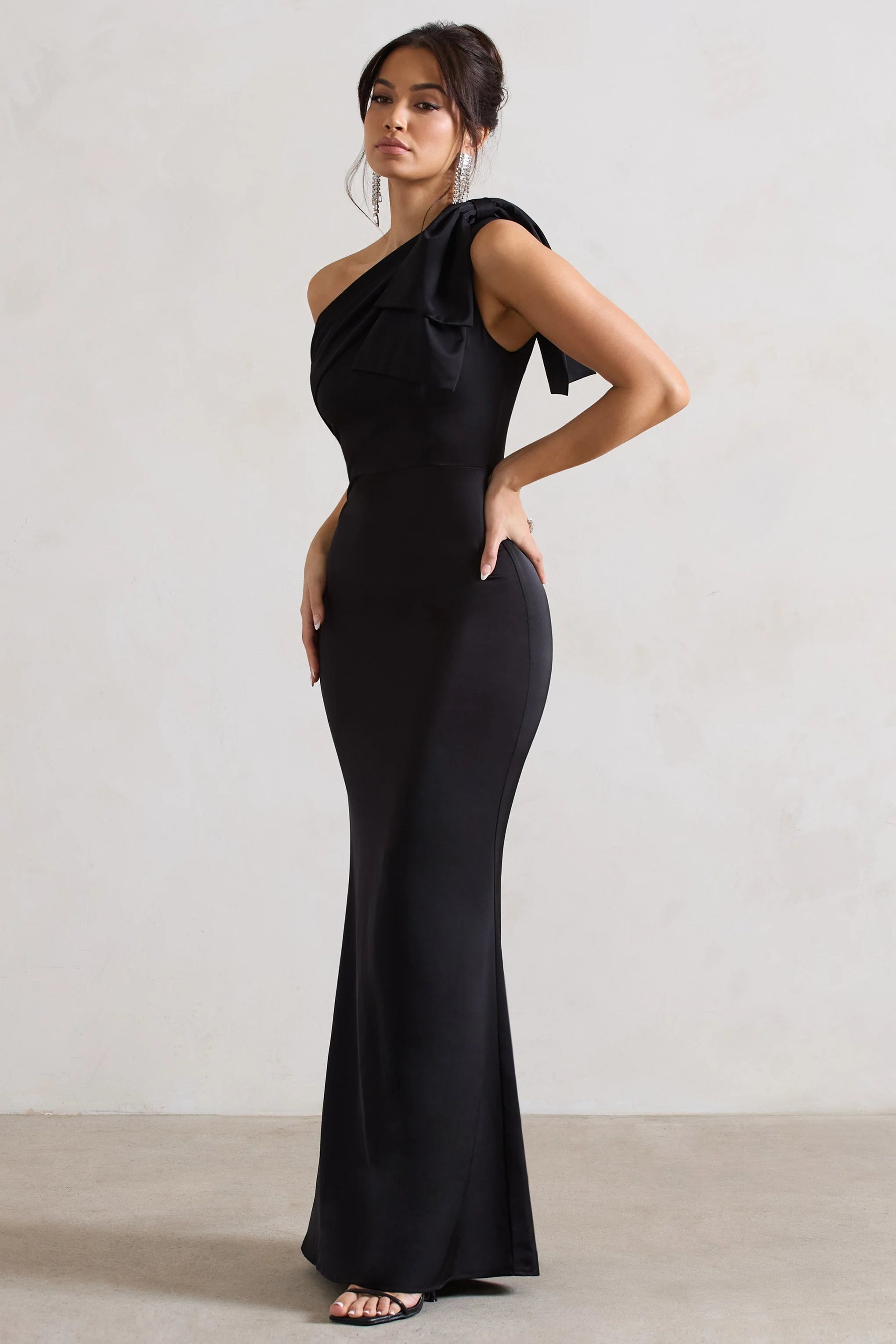 Lady | Black Satin Asymmetric Maxi Dress With Bow