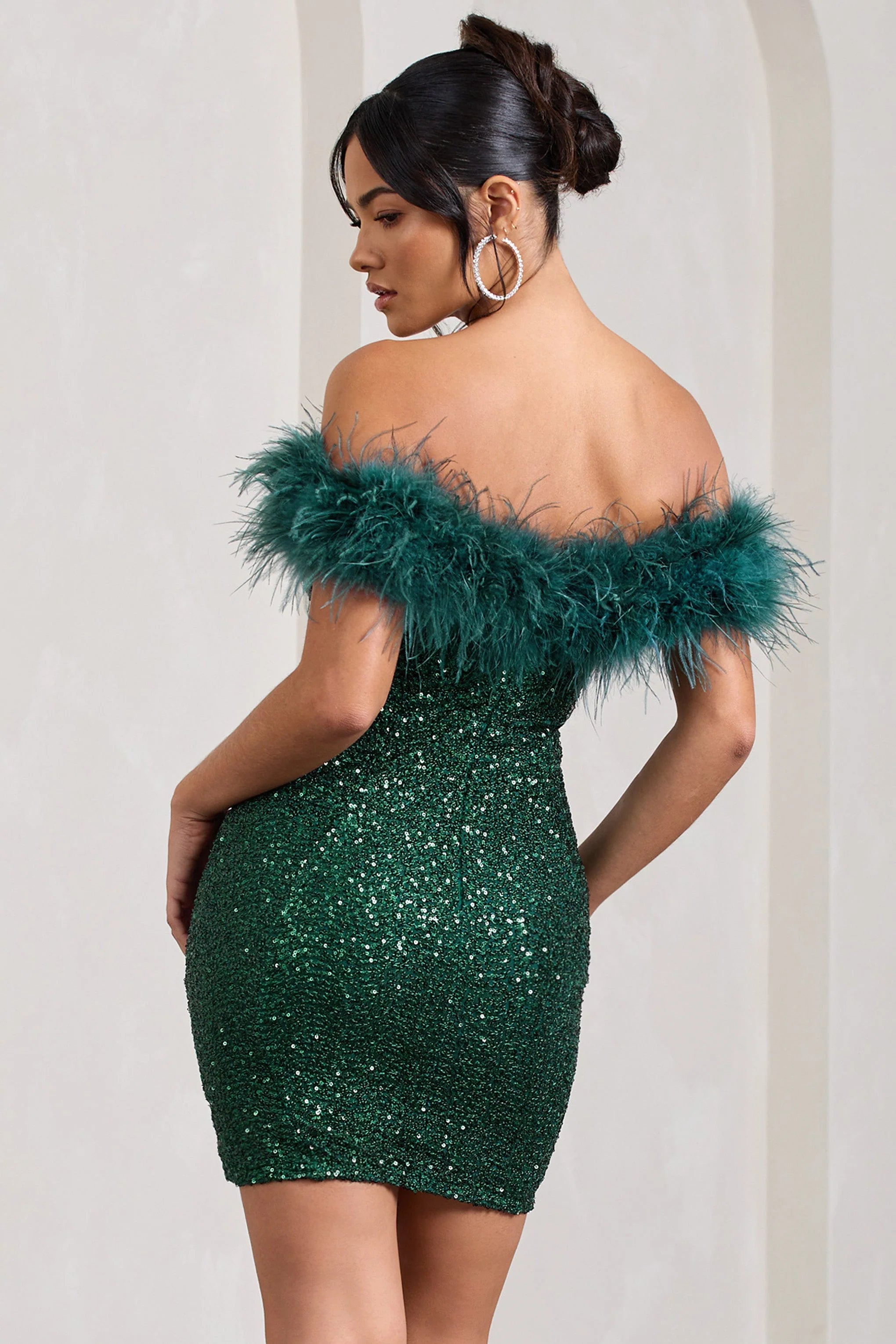 New Money | Green Bodycon Sequin Mini Dress With Feather Trim