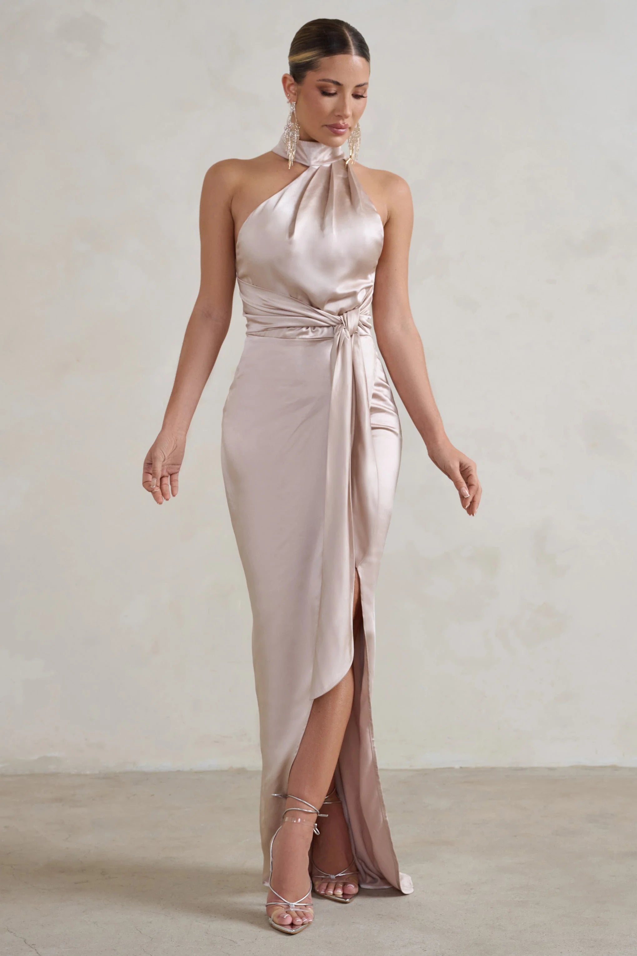 Tattianna | Champagne Asymmetric Tie Detail High Neck Satin Maxi Dress