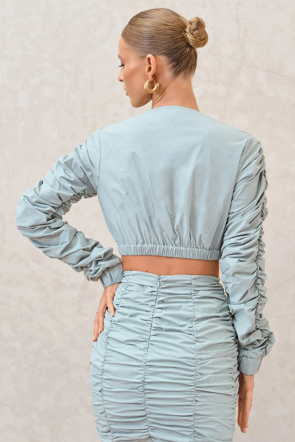 Sundown | Sage Ruched Sleeve Wrap Detail Cropped Shirt