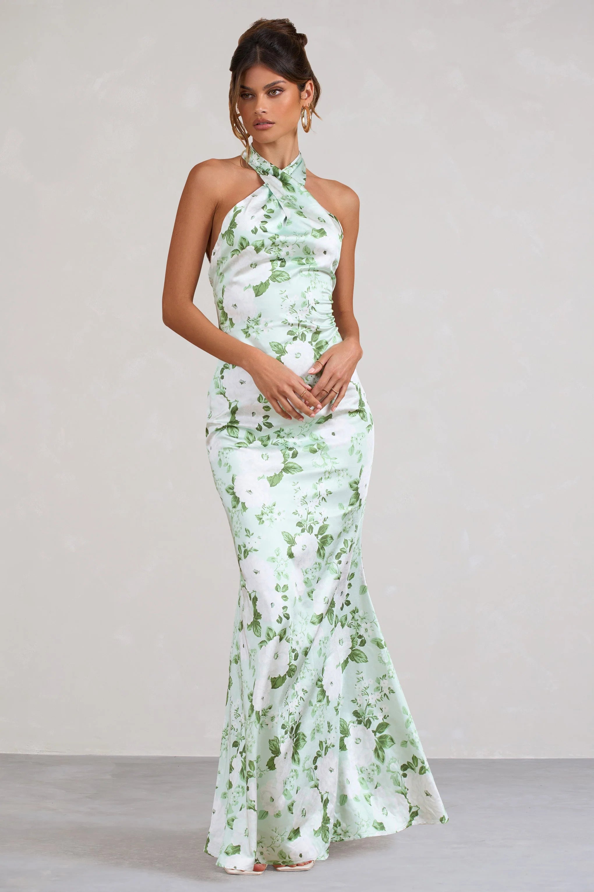Unstoppable | Green Floral Print Satin Cross Over Halter Neck Maxi Dress
