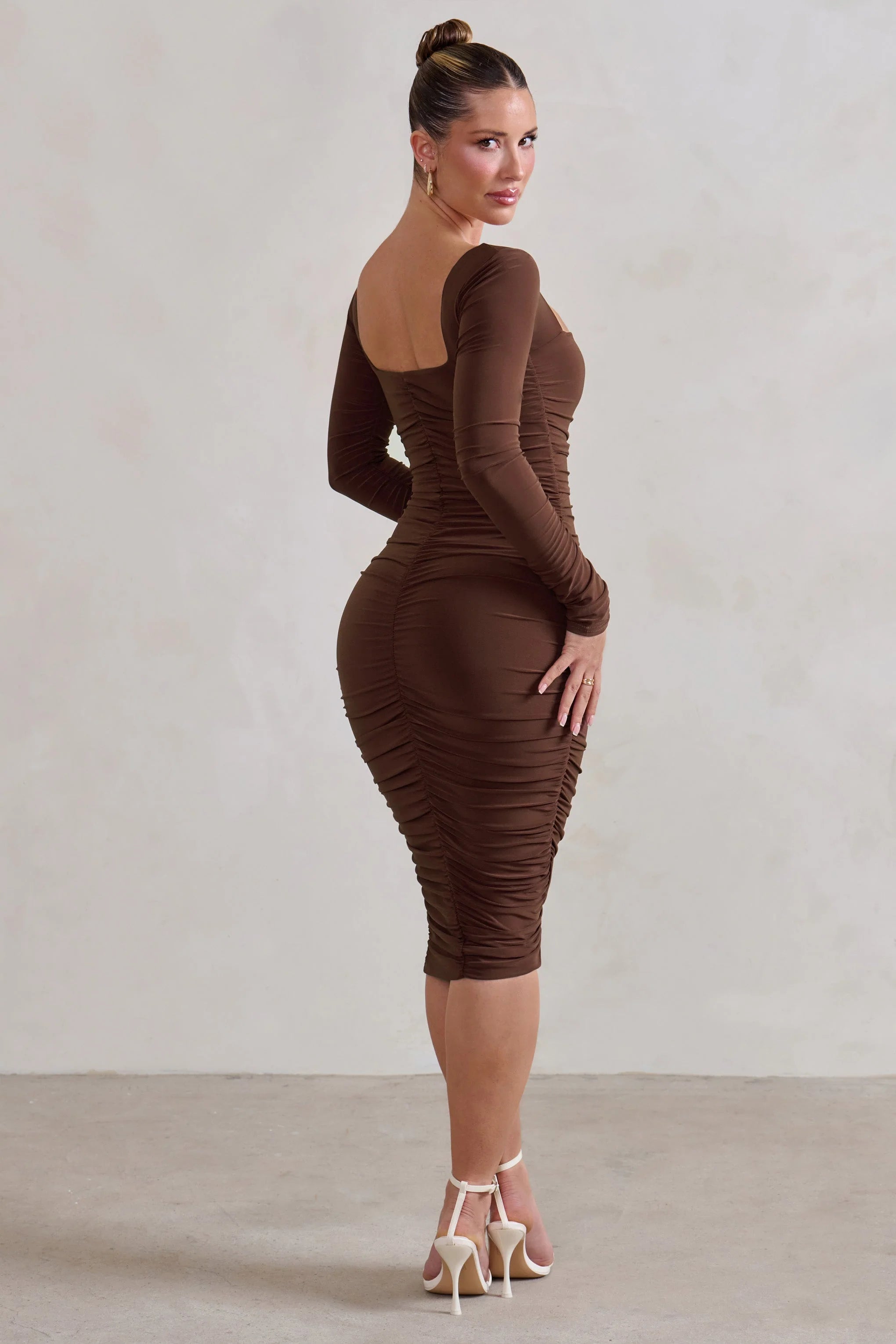 Seductress | Chocolate Long Sleeve Square Neck Ruched Midi Dress