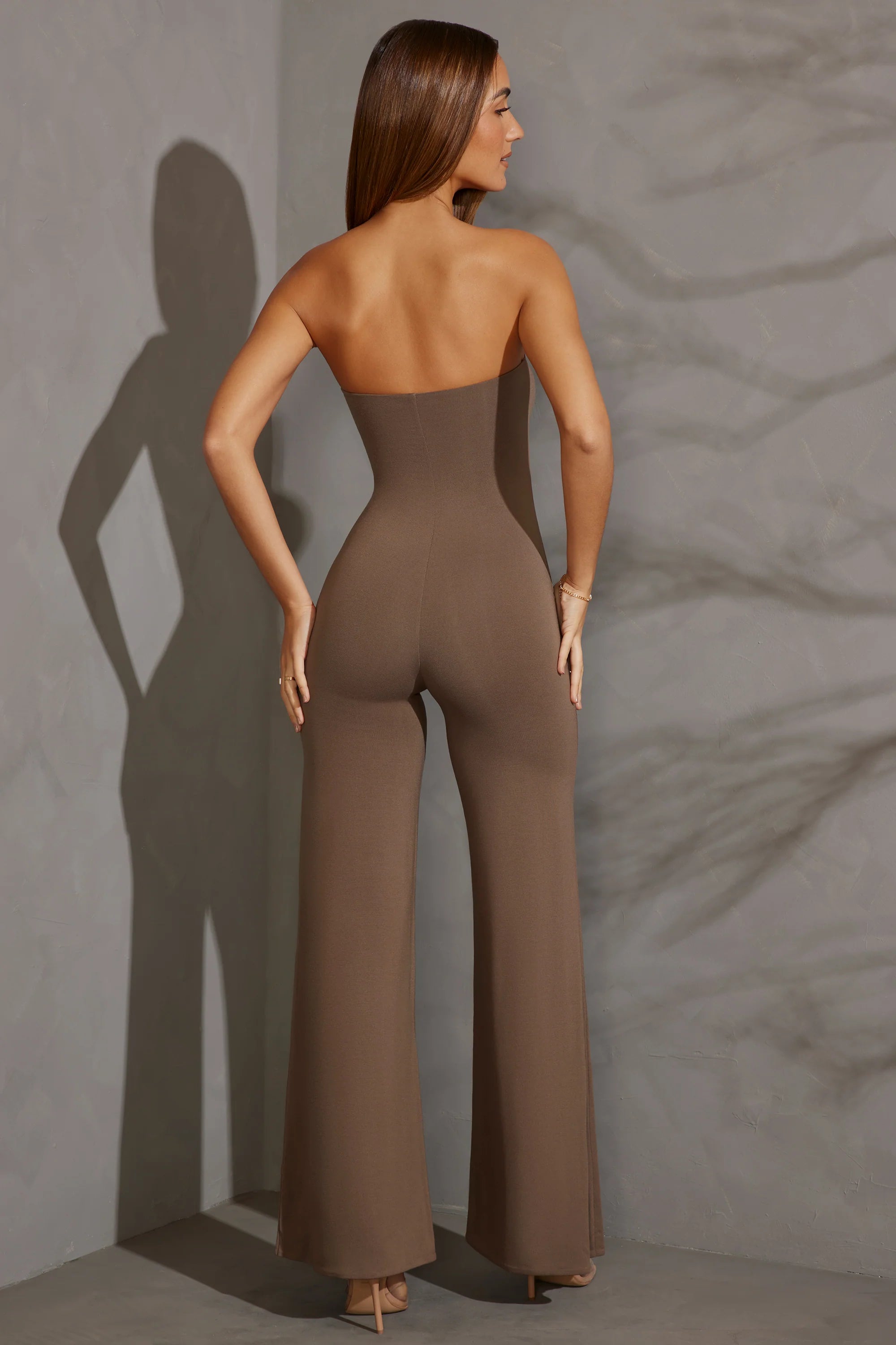 Petite Bandeau Wide Leg Jumpsuit in Taupe