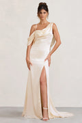 Jayne | Cream Satin Asymmetric Draped Split Maxi Dress