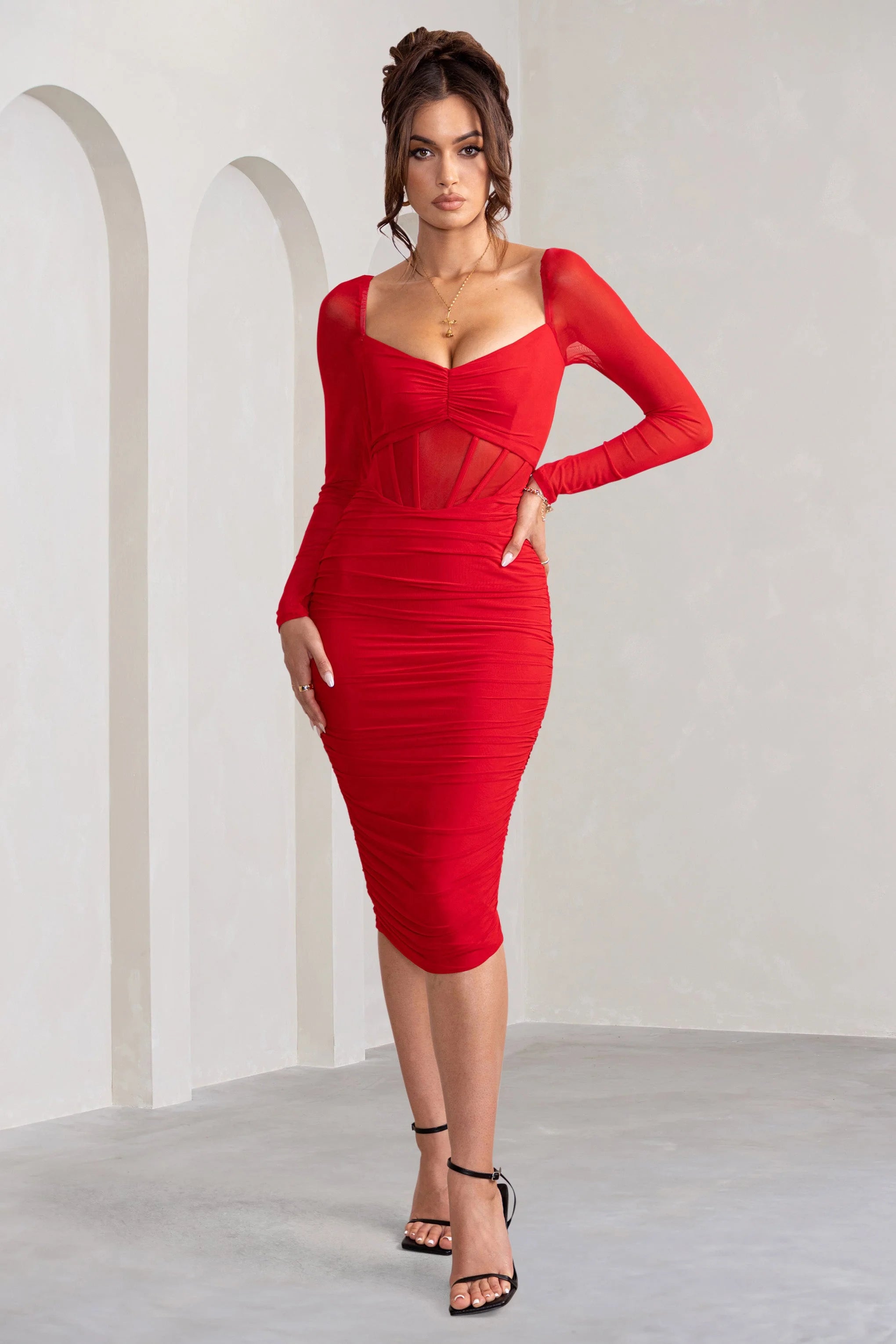 Abiba | Red Ruched Front Corset Midi Dress With Long Sleeves