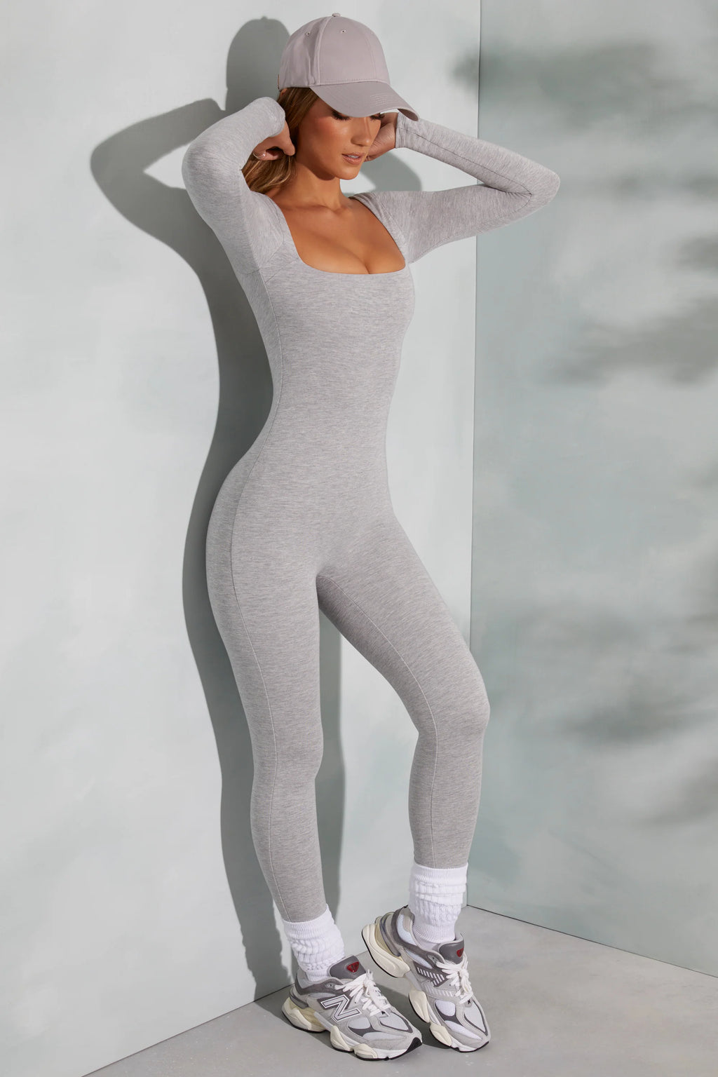Petite Square Neck Long Sleeve Jumpsuit in Marled Grey