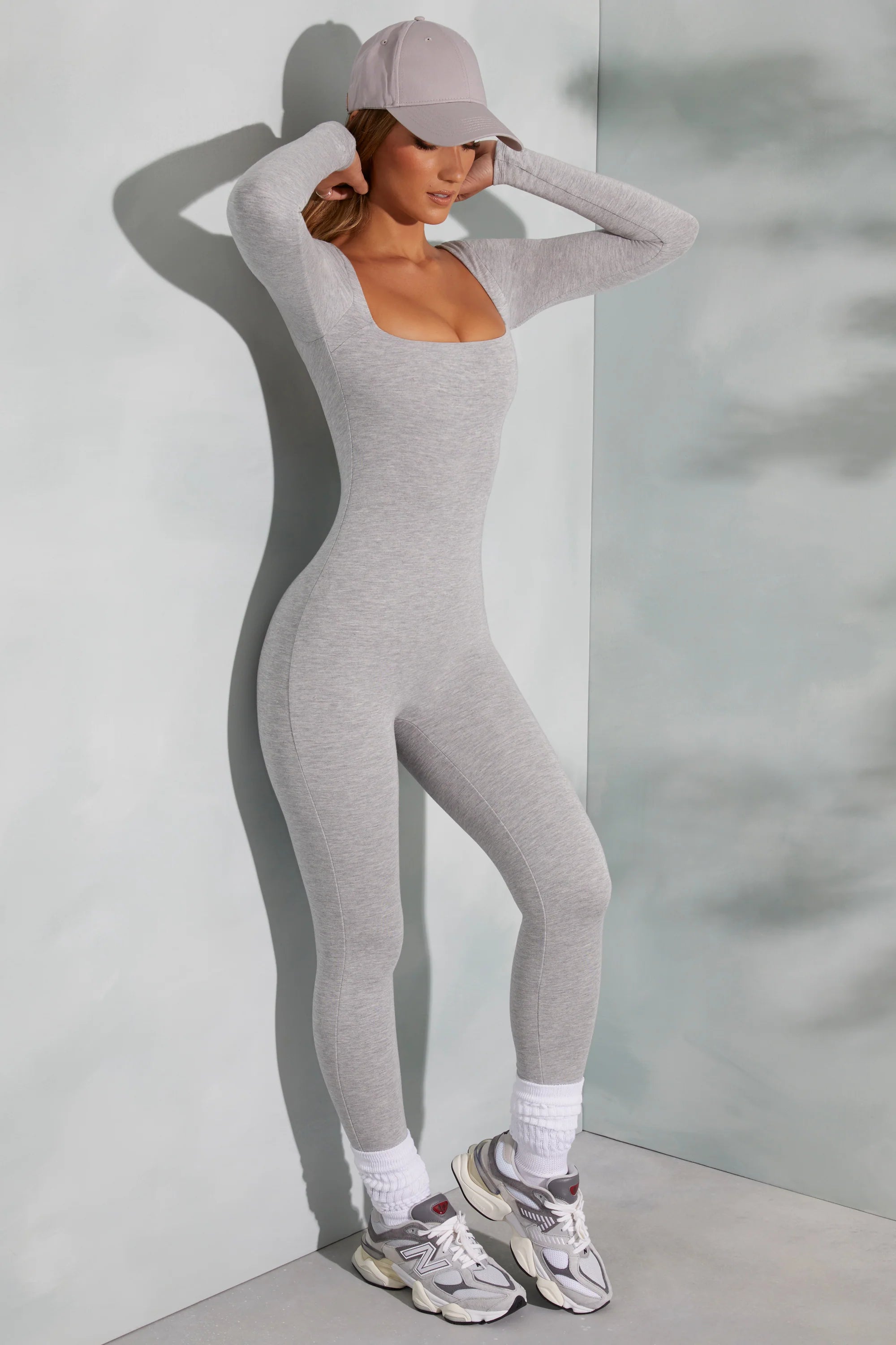 Petite Square Neck Long Sleeve Jumpsuit in Marled Grey