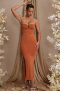 Strapless Thigh High Split Maxi Dress in Tan
