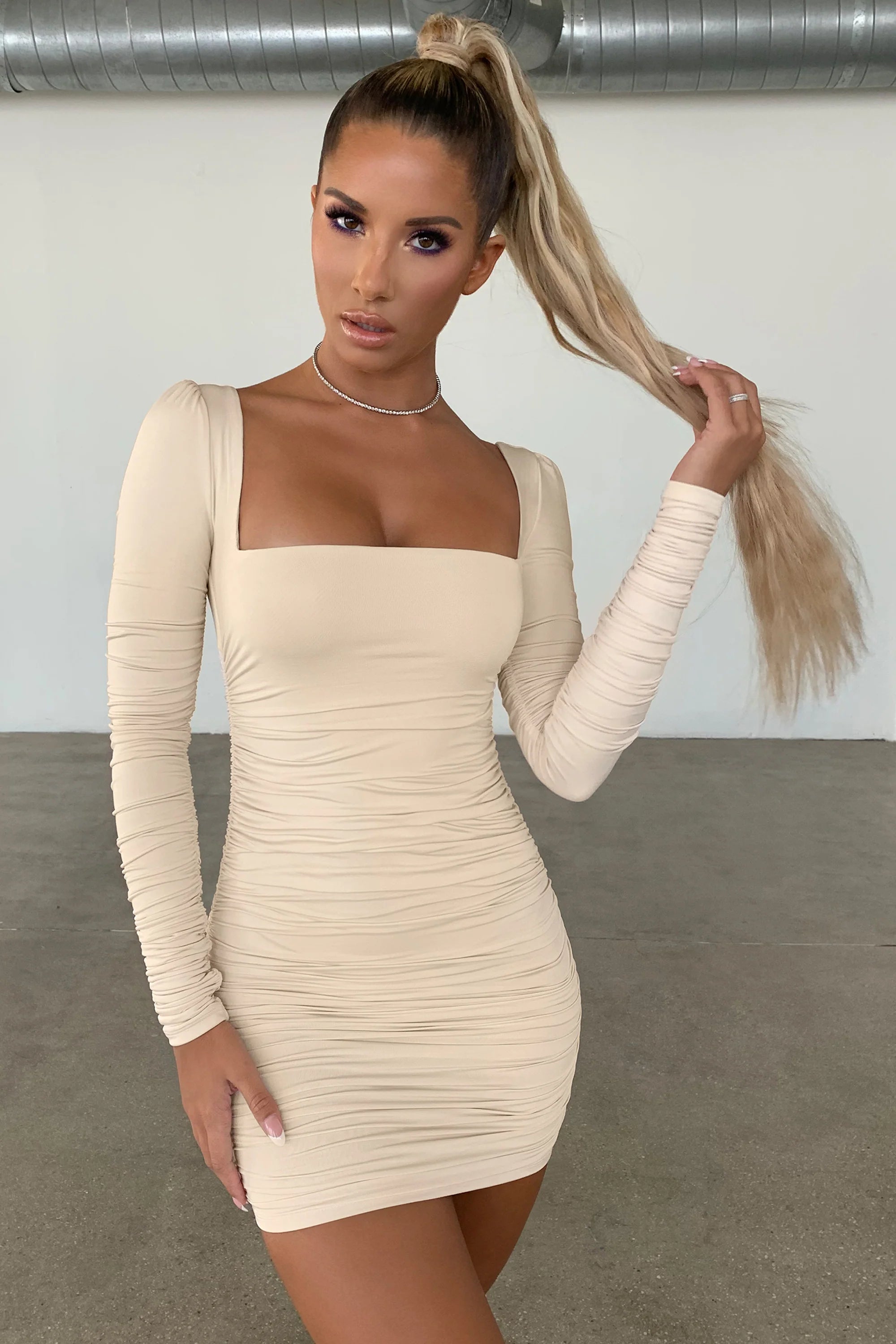 Long Sleeve Ruched Mini Dress in Oyster White