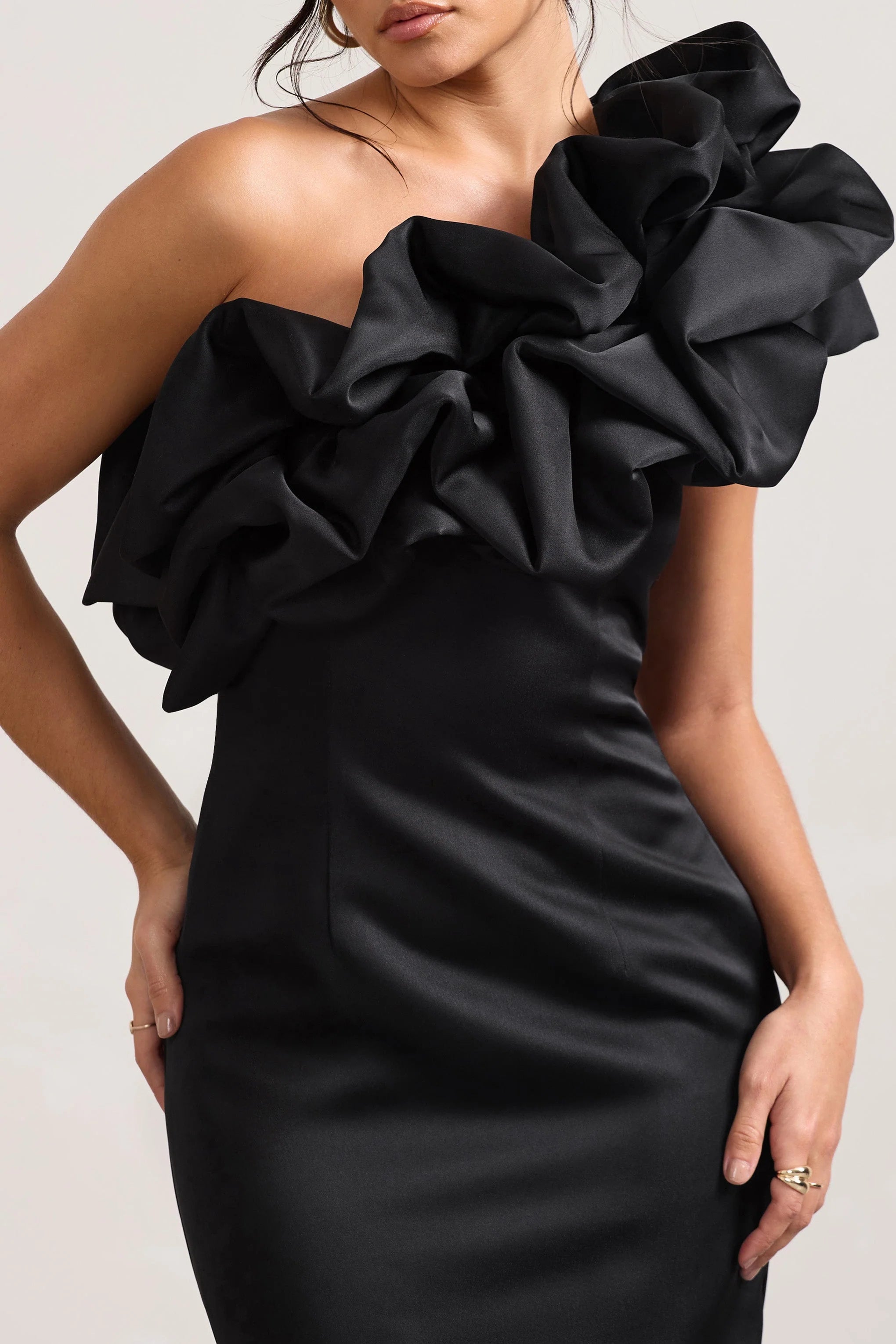 At The Opera | Black Satin Asymmetric Ruffled Mini Dress