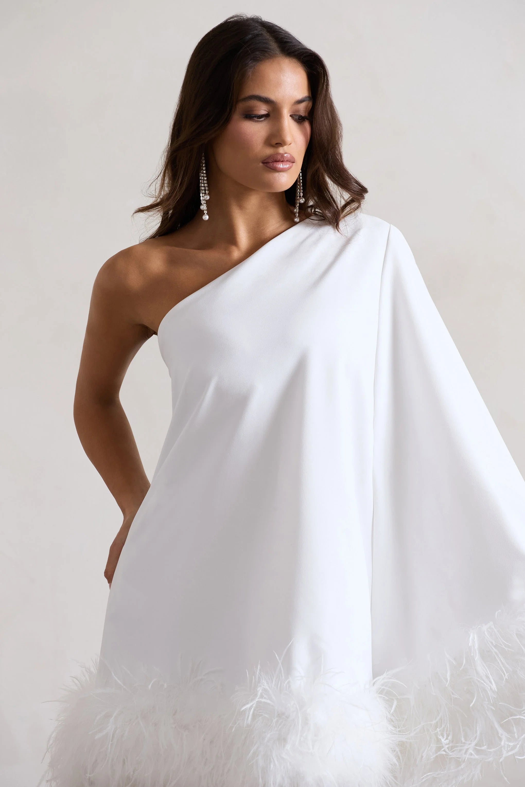 Epiphany | White Asymmetric Cape Sleeve Mini Dress With Feathers