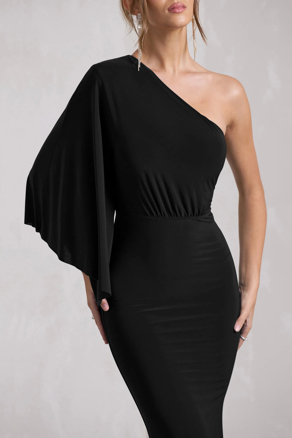 Luciana | Black Asymmetric Maxi Dress With Drape Sleeve
