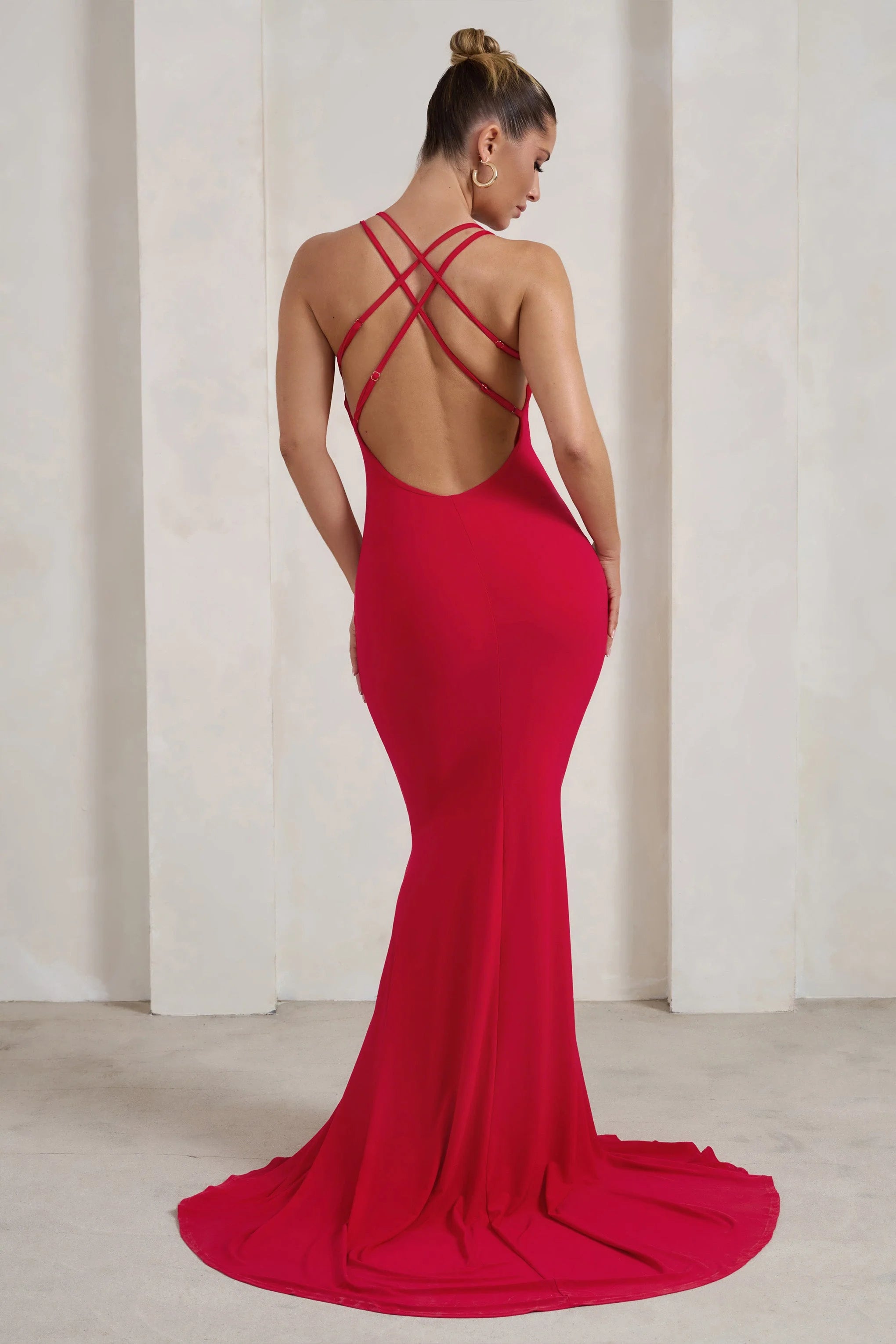 Lucky Day | Red Cross Over Back Fishtail Maxi Dress