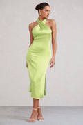 Dazzling | Lime Satin Cross Over Halter Neck Midi Dress