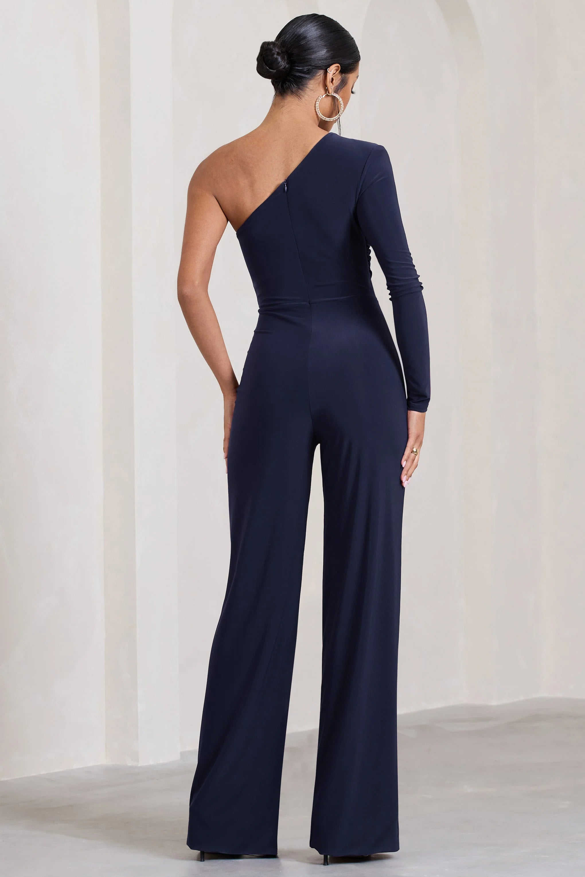 Mila | Navy One Shoulder Ruched Wide Leg Jumpsuit