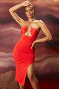 Cross Strap Keyhole Midi Dress in Red