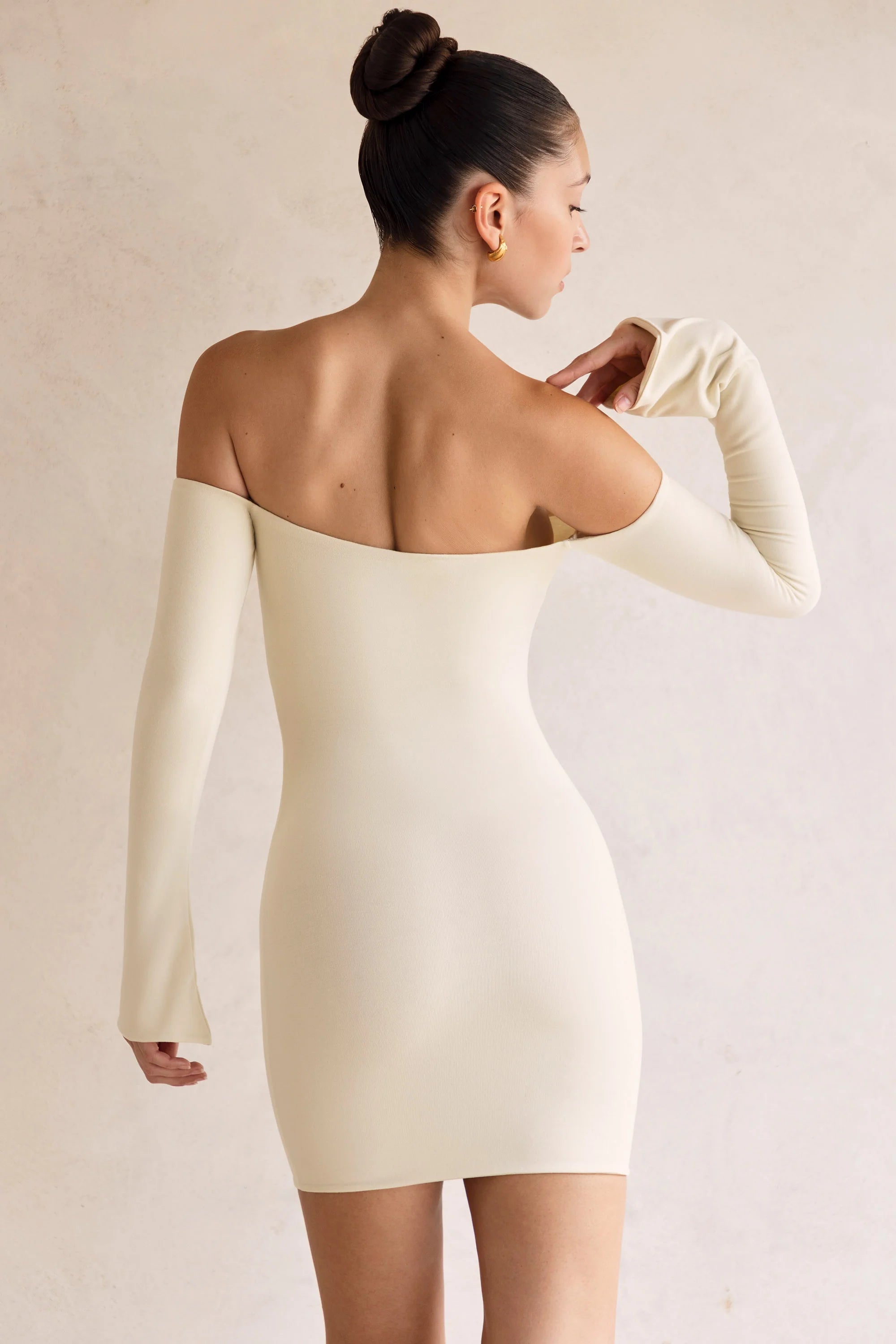 Long Sleeve Bardot Mini Dress in Ivory