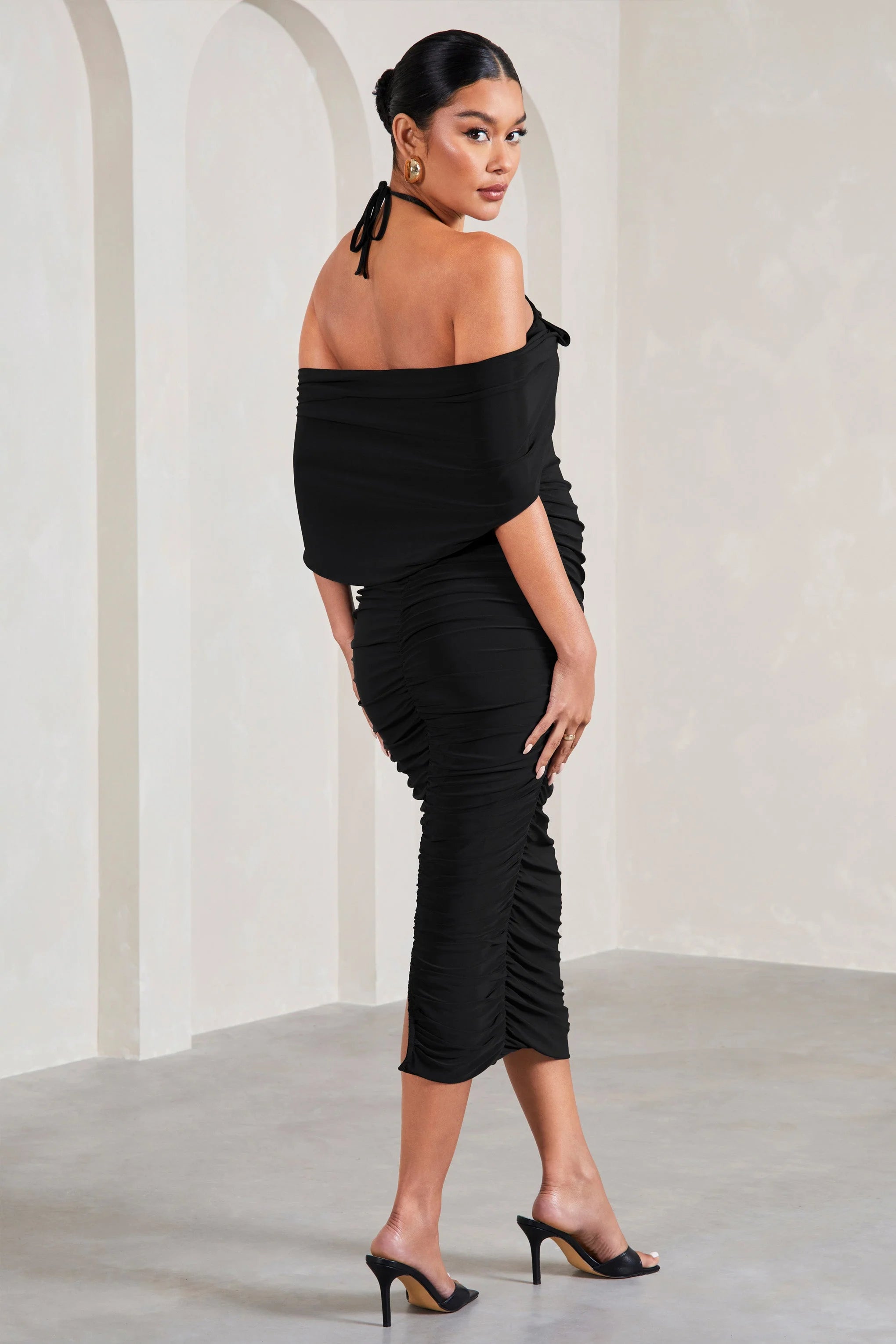Daisy | Black & White Ruched Flower Halter-Neck Drape-Sleeve Maternity Midi Dress