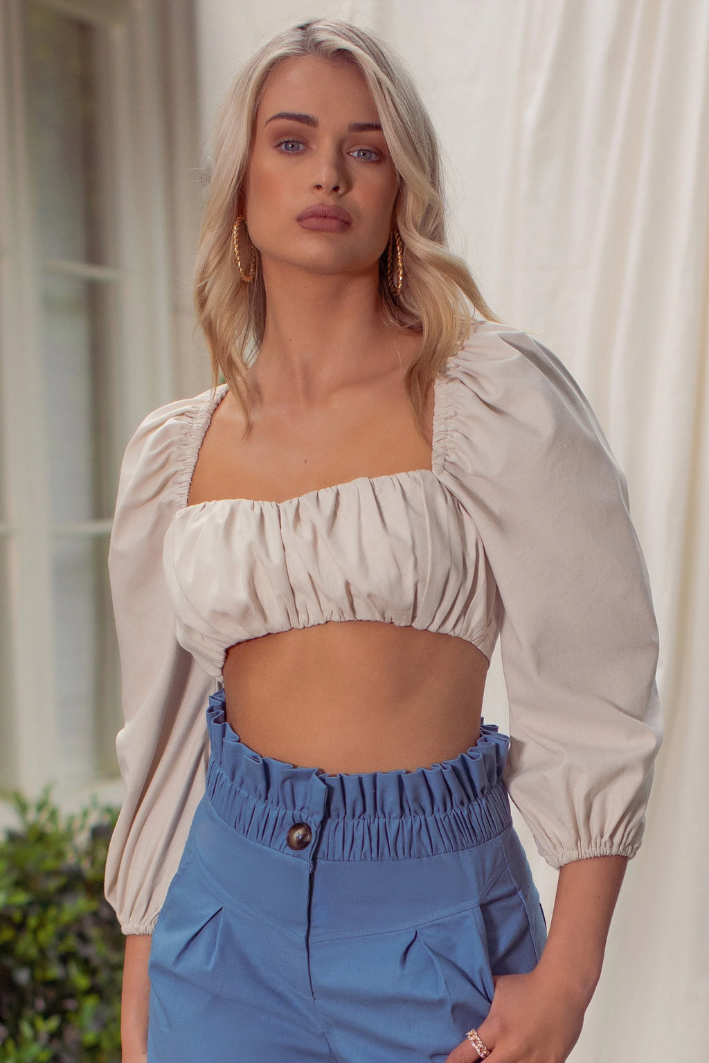 So Softly | Cream Sweetheart Neckline Crop Top With Puff Sleeves