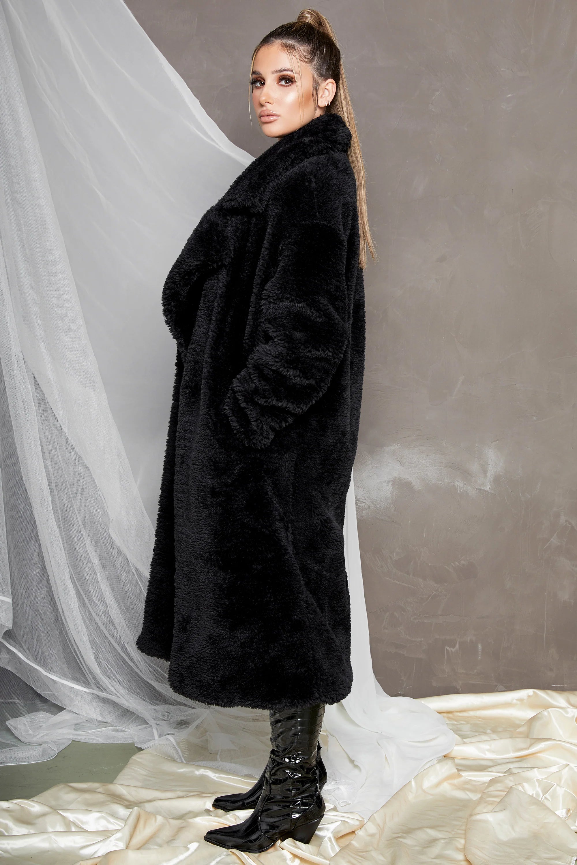 Empire Oversized Longline Cocoon Teddy Coat in Black