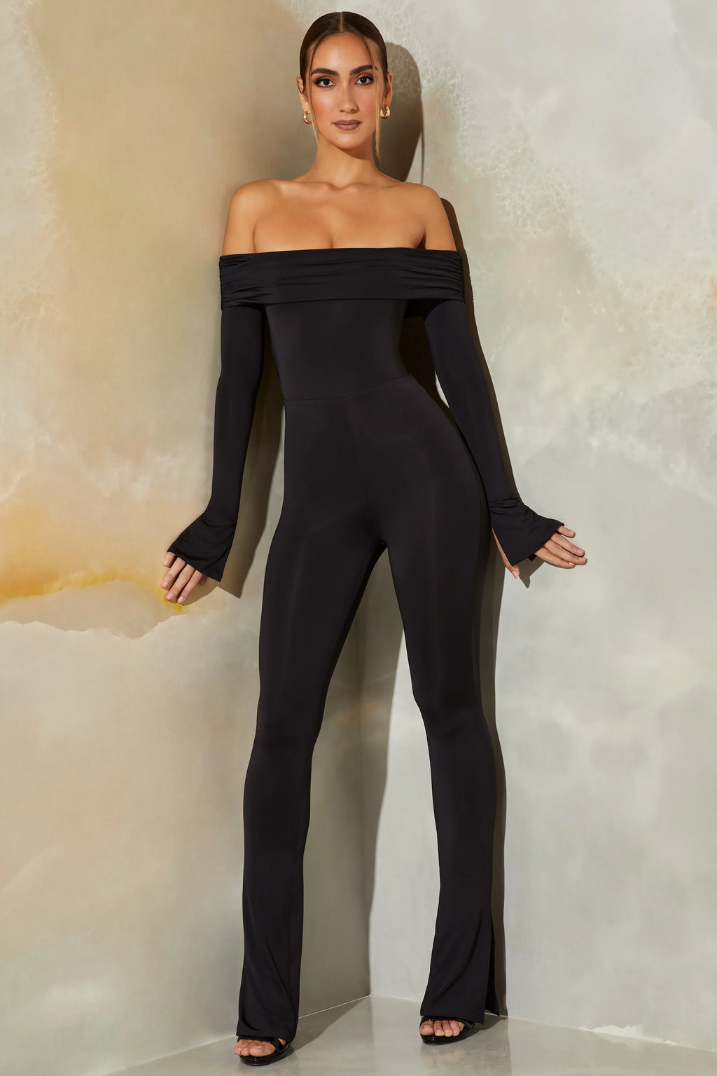Petite Long Sleeve Open Back Jumpsuit in Black