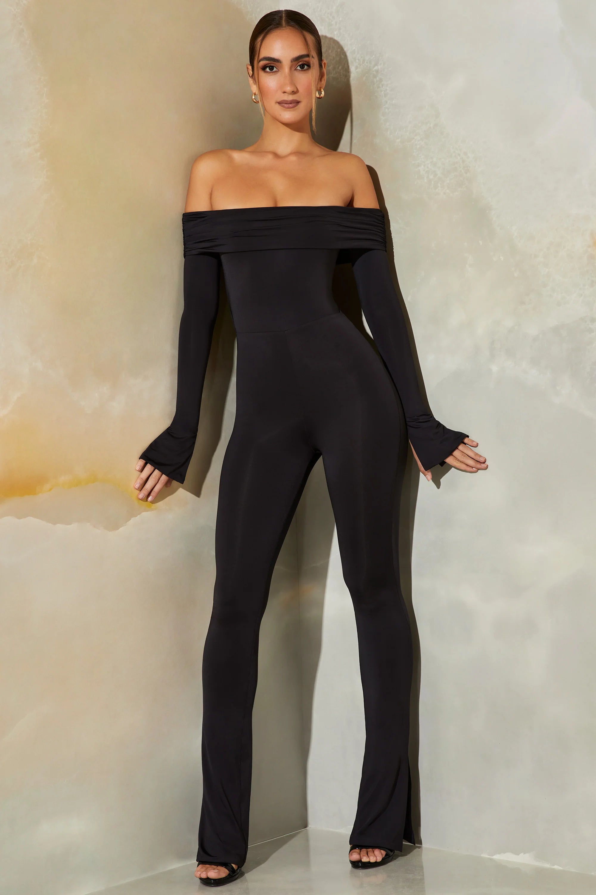 Petite Long Sleeve Open Back Jumpsuit in Black