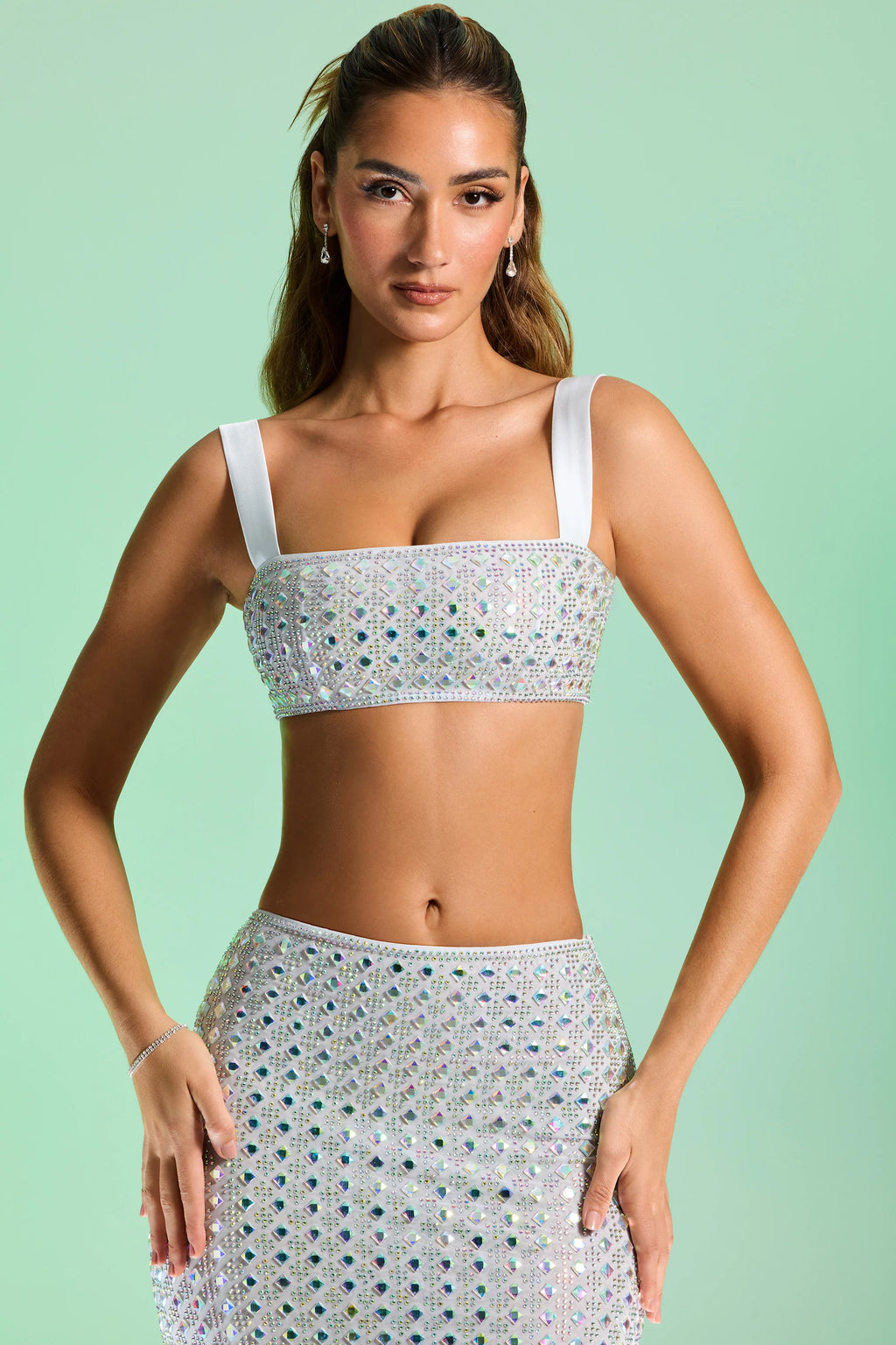 Embellished Square Neck Crop Top in Silver