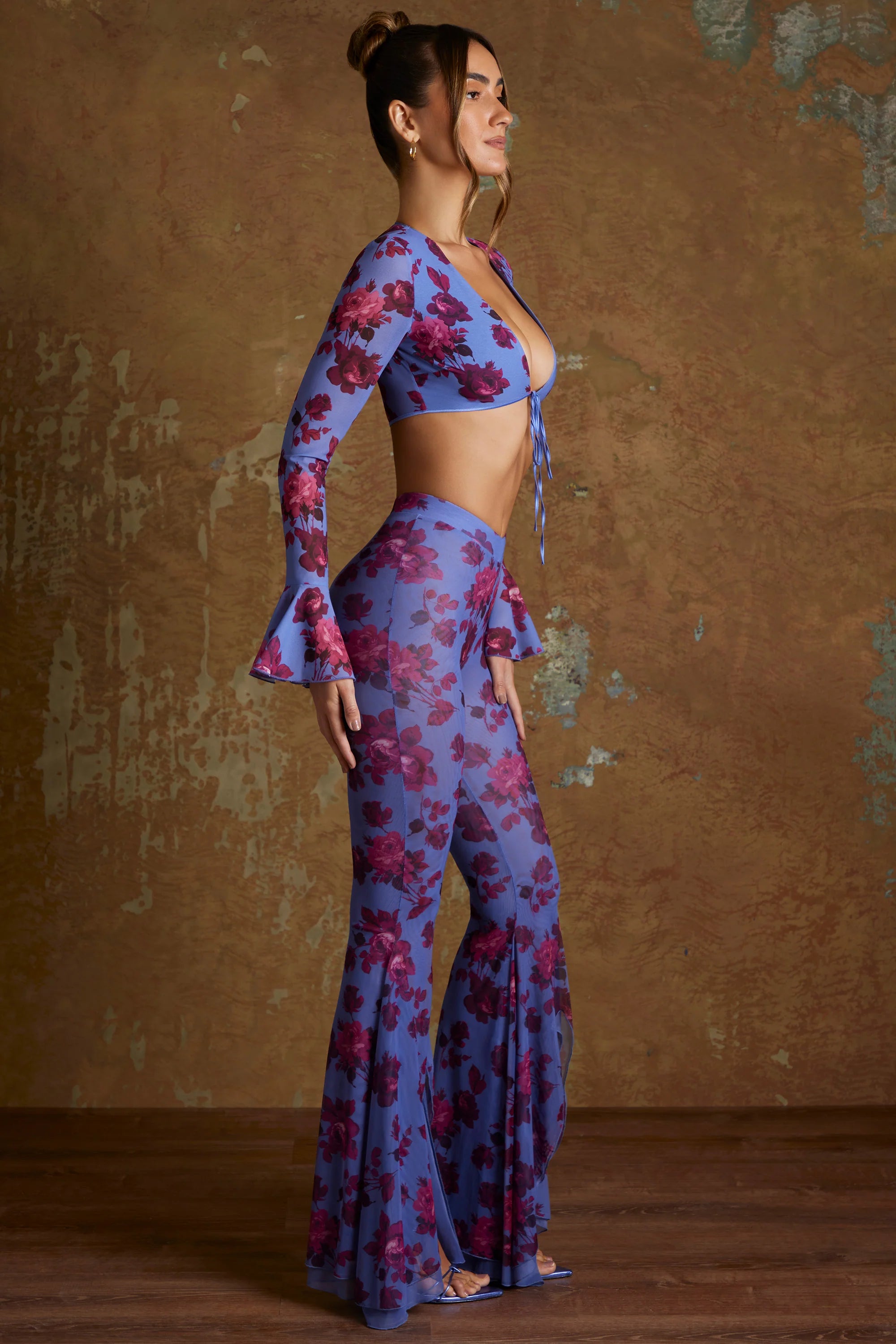 Tall Split Flare Ruffle Trousers in Periwinkle Print