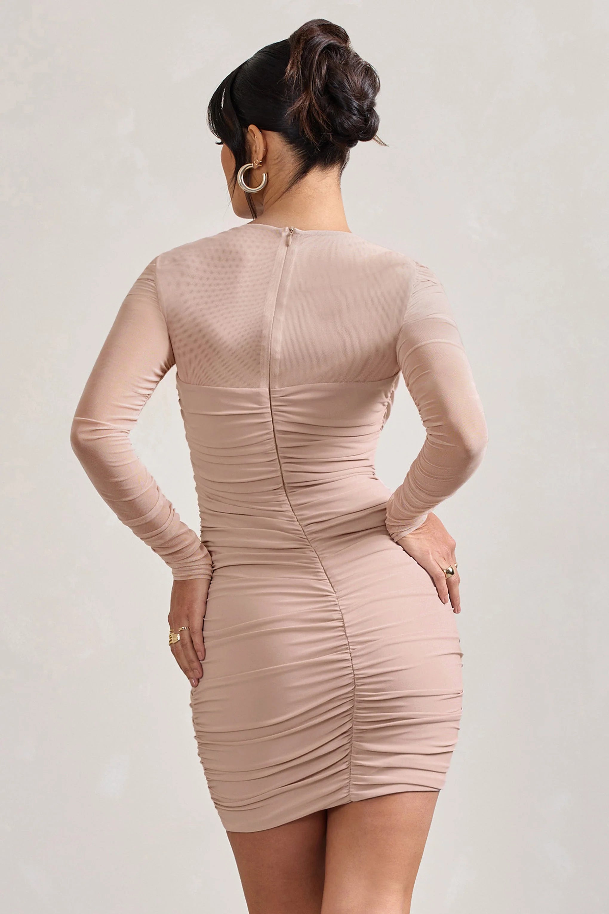 Sparks Fly | Nude Ruched Mesh Long-Sleeved Bodycon Mini Dress