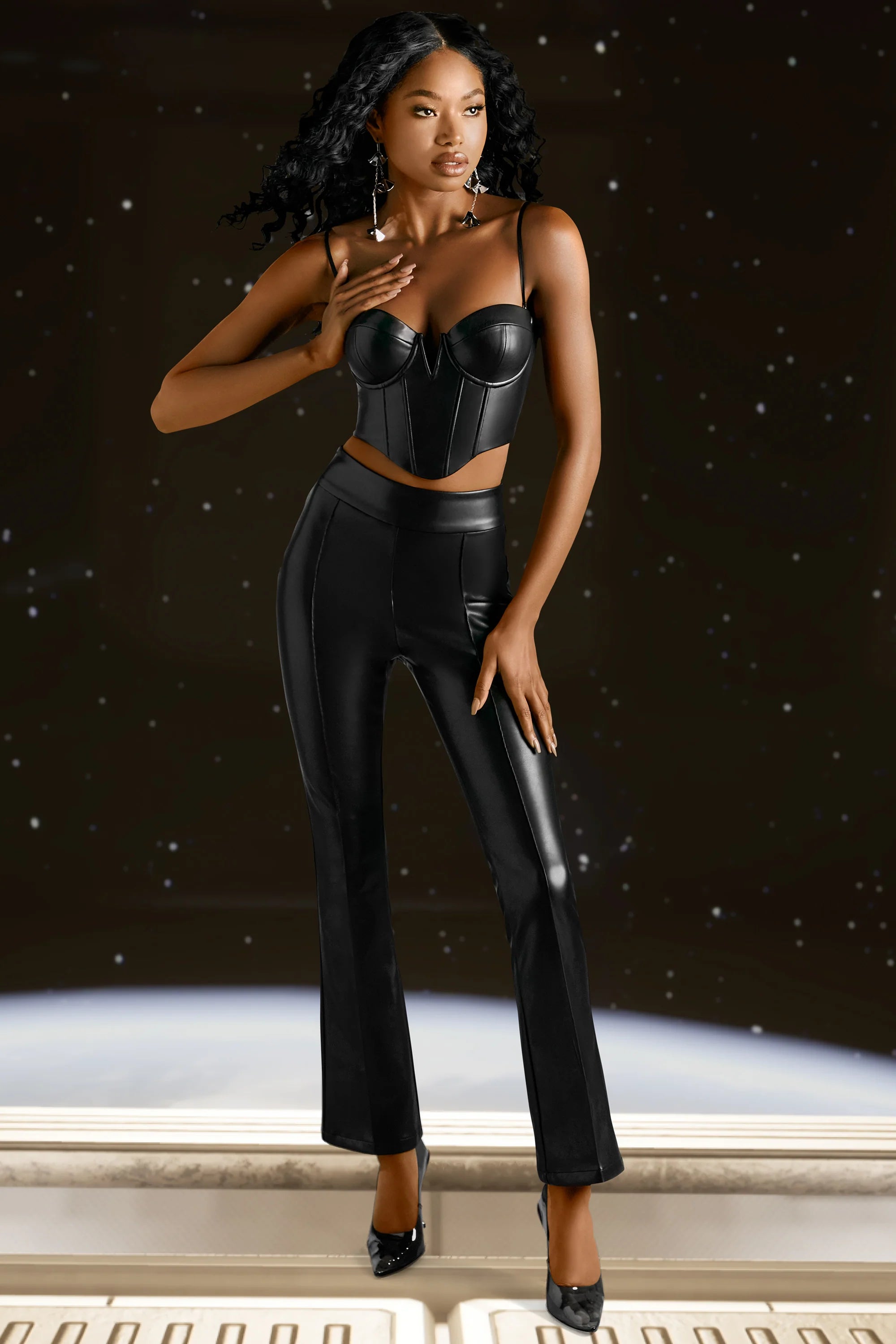 Petite Faux Leather Flare Trousers in Black