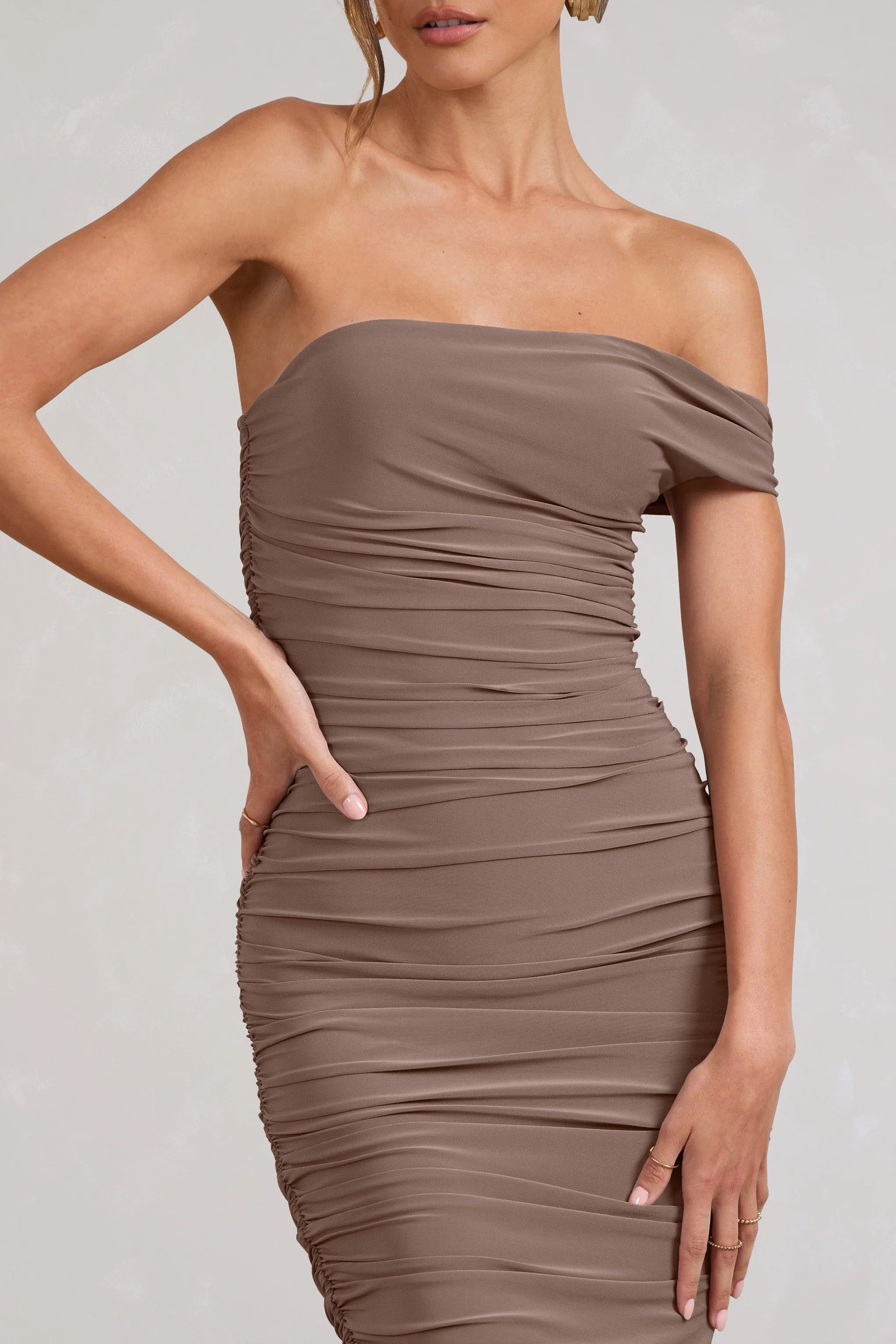 Celine | Mocha Asymmetric One Shoulder Ruched Maxi Dress With Curved Cut Out