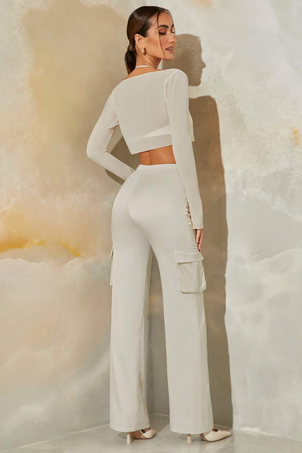 Petite Satin Straight Leg Cargo Trousers in Stone
