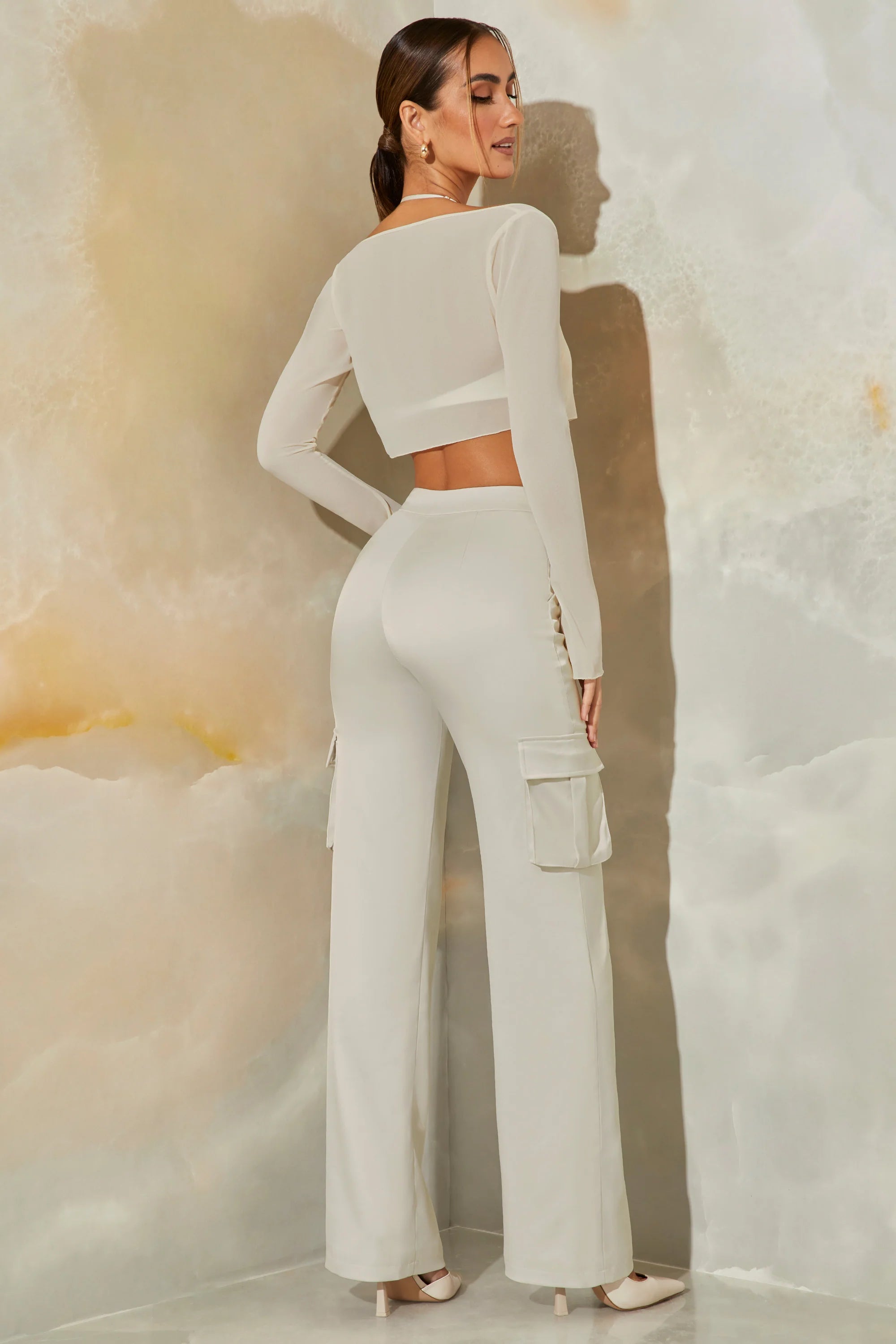 Petite Satin Straight Leg Cargo Trousers in Stone