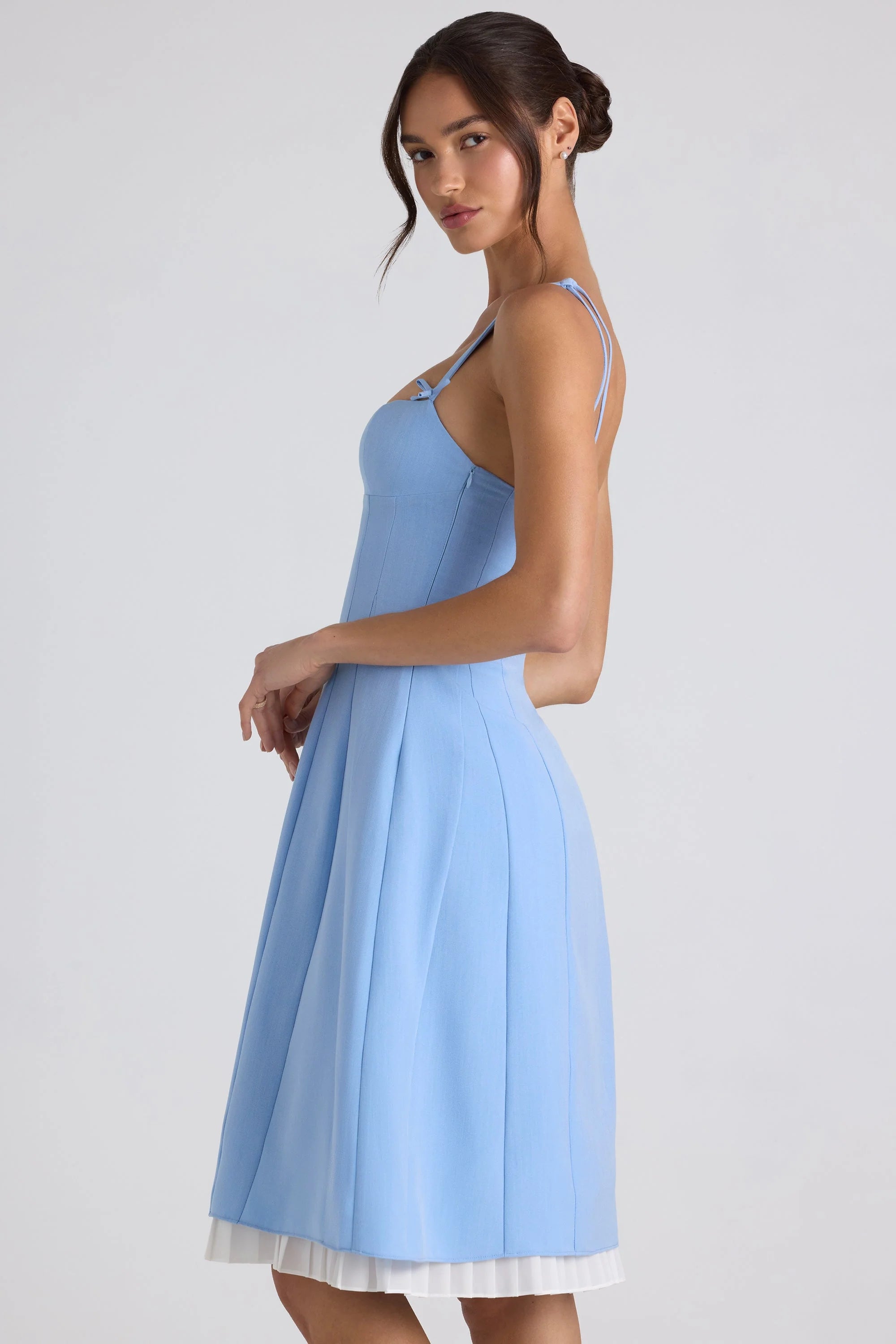 Bow-Embellished Pleated A-Line Midi Dress in Sky Blue