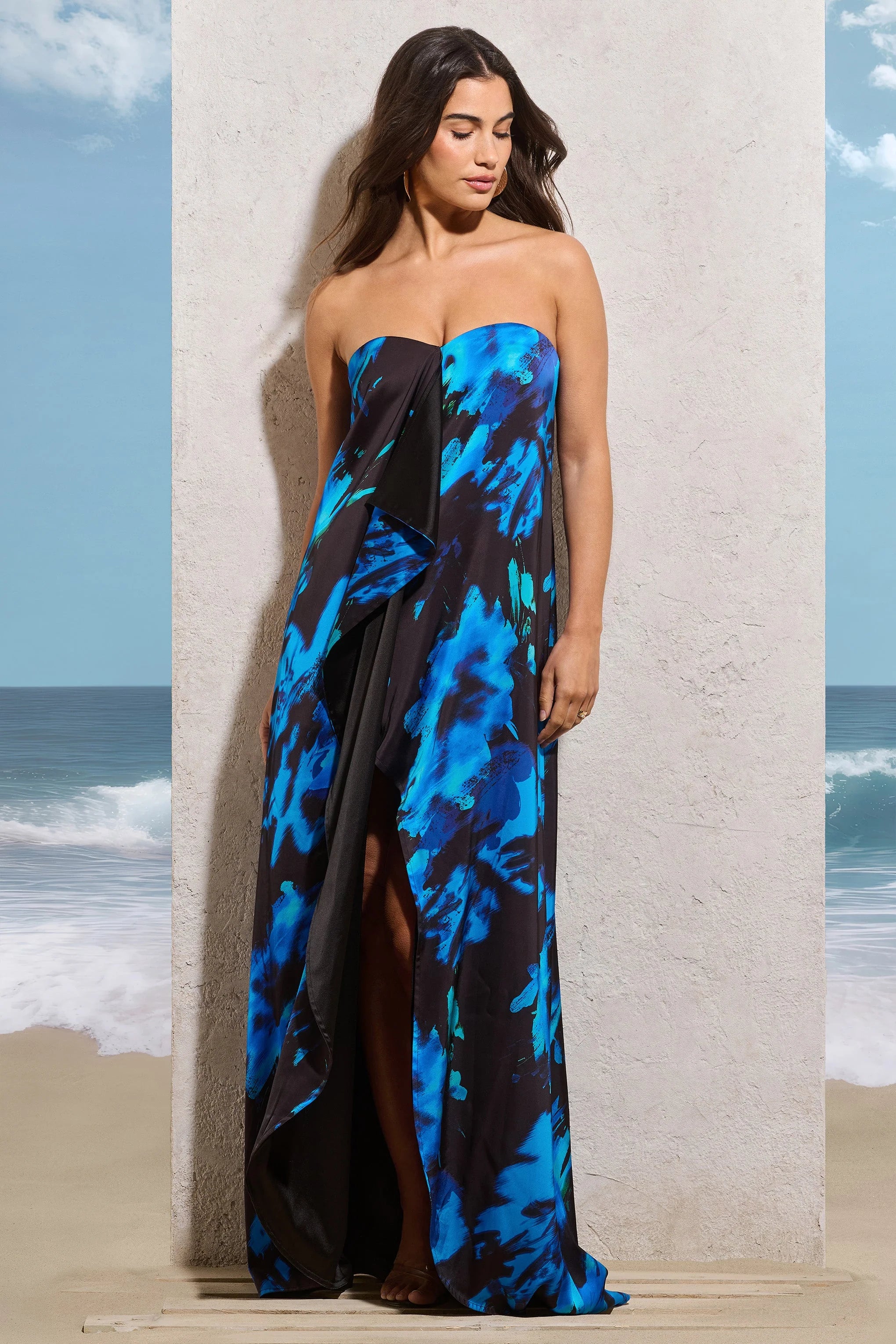 Wildflower | Navy Floral Print Strapless Split Maxi Dress With Ruffles