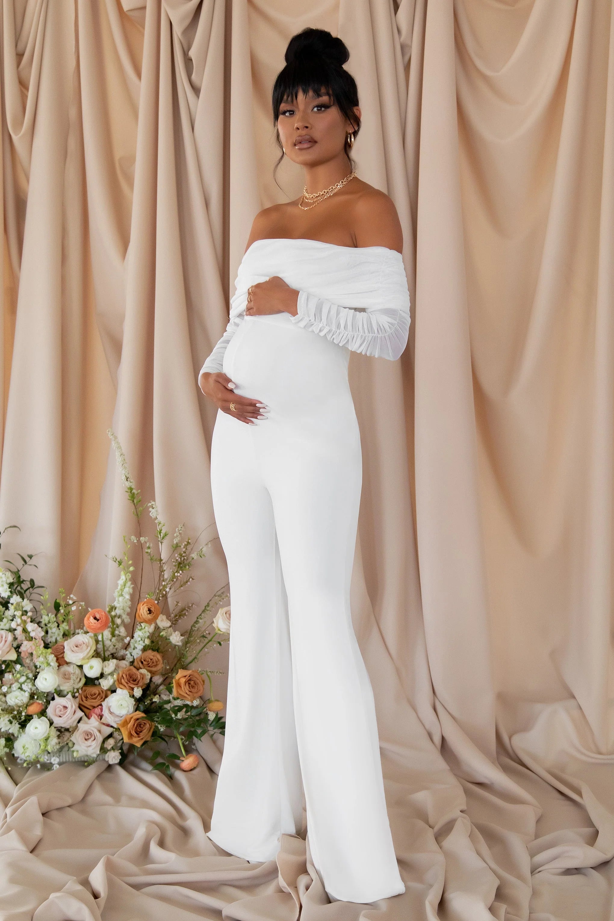 Count Down | White Maternity Ruched Mesh Bardot Jumpsuit