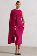 Reveal | Dark Pink One-Sleeve Cape Midi Dress