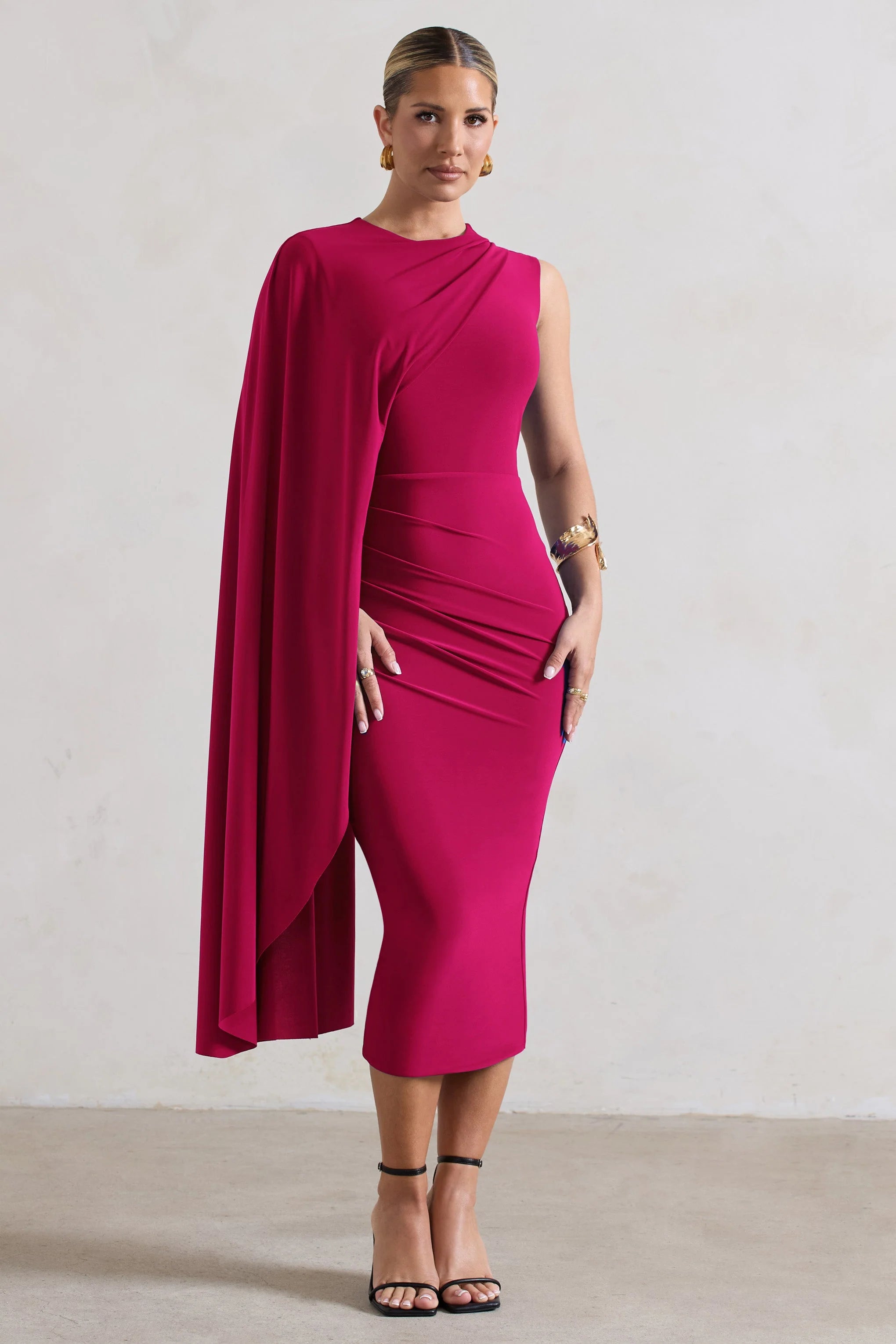 Reveal | Dark Pink One-Sleeve Cape Midi Dress