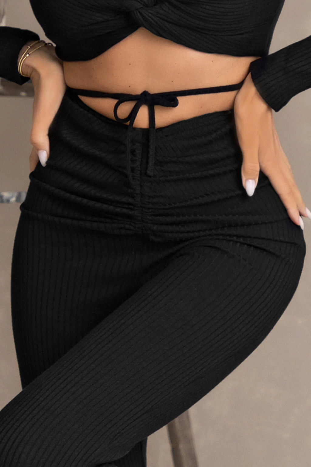 Take Off | Black Ribbed Ruched Detail Leggings