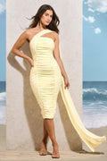 Realign | Lemon Ruched Asymmetric Midi Dress With Sash