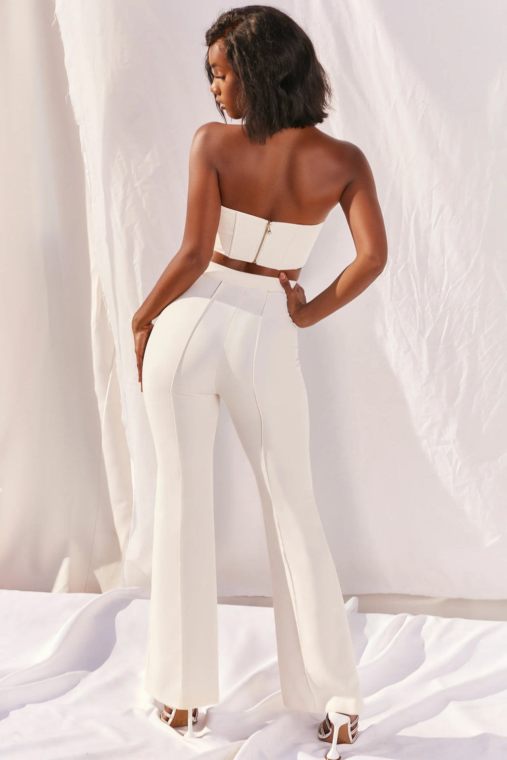 Bossin?Up Petite High Waisted Tailored Flare Leg Trousers in Ivory