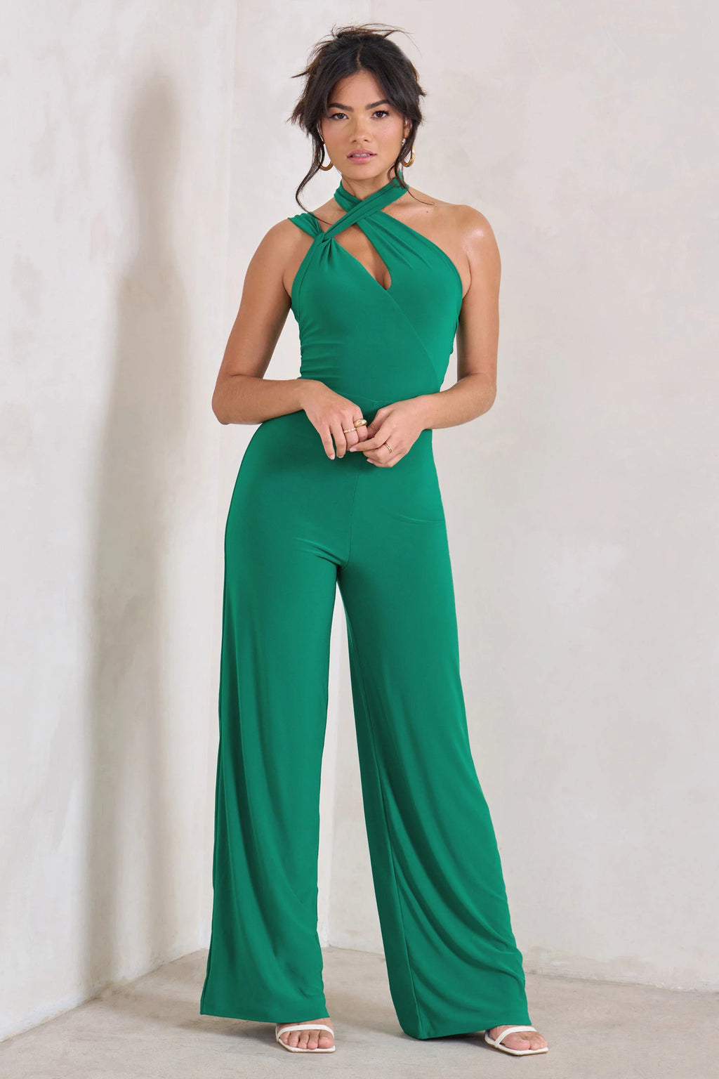 Tilly | Green Cut Out Halterneck Asymmetrical Jumpsuit