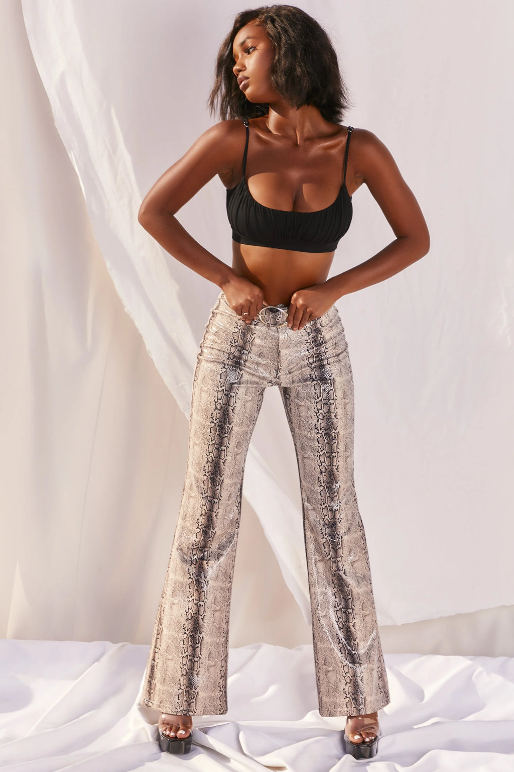 Drive ‘Em Wild High Waisted Wide Leg Trousers in Grey Snake Print