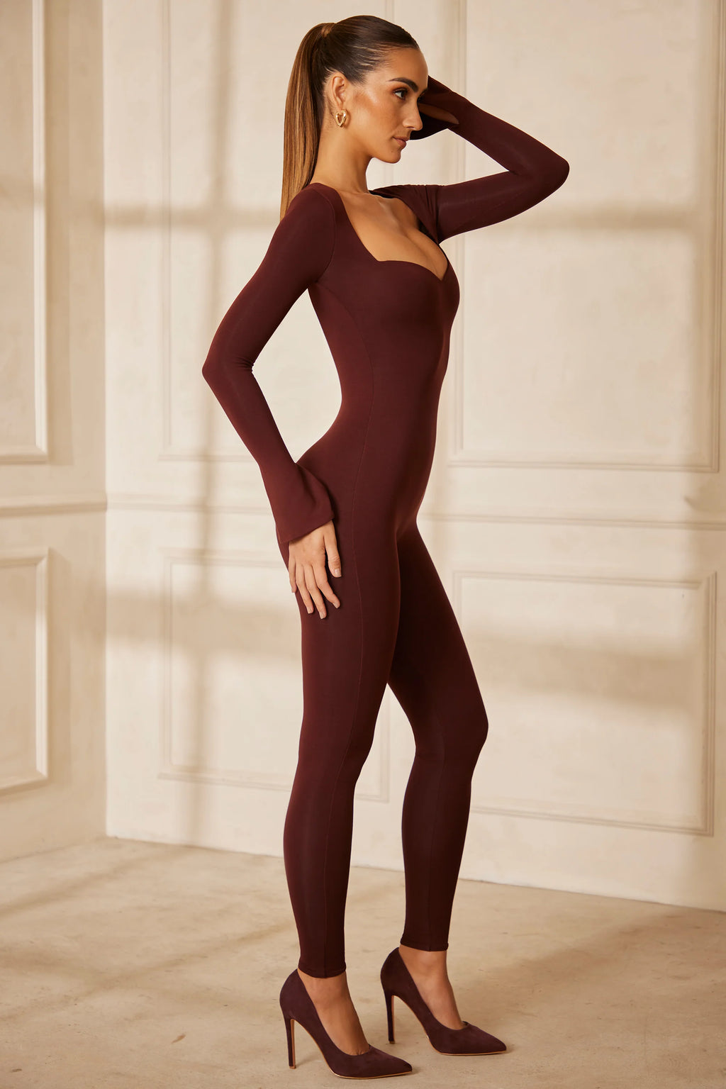 Tall Sweetheart Neckline Long Sleeve Jumpsuit in Brown