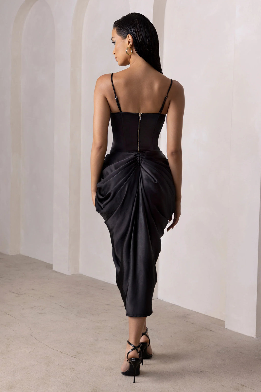 Unrivalled | Black Satin High Waist Thigh Split Midi Skirt