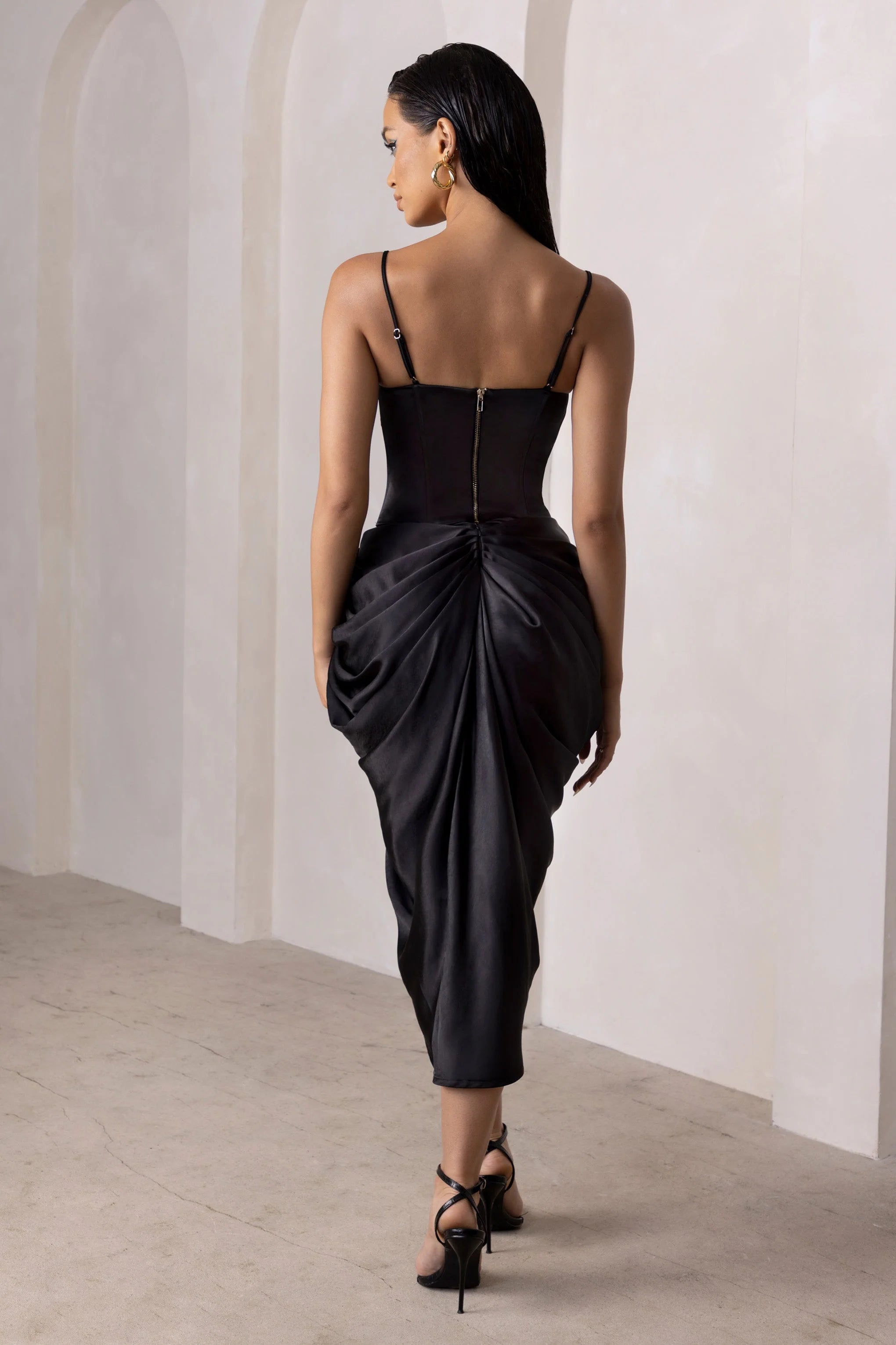 Unrivalled | Black Satin High Waist Thigh Split Midi Skirt