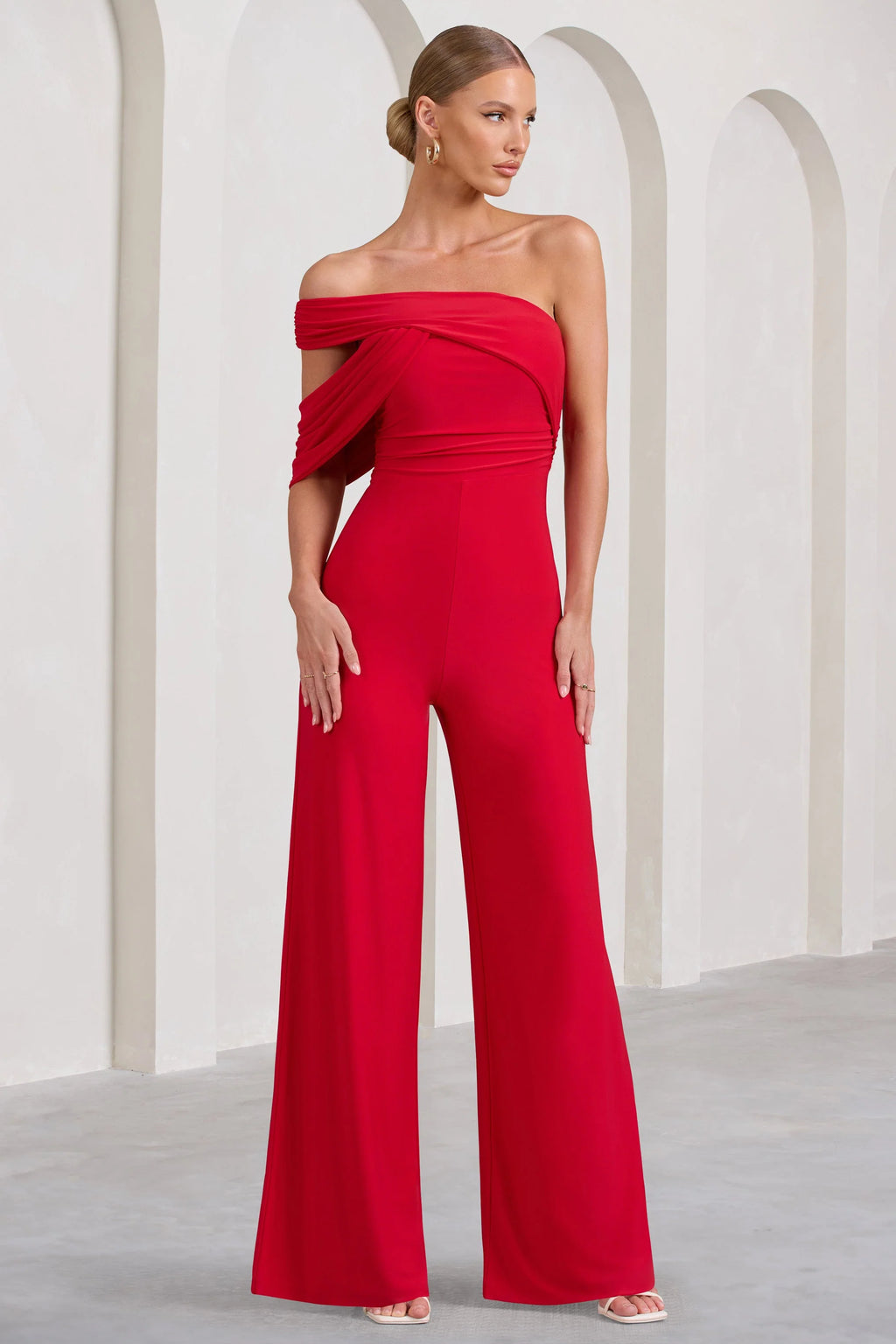 Candy | Red Asymmetric One Shoulder Ruched Jumpsuit